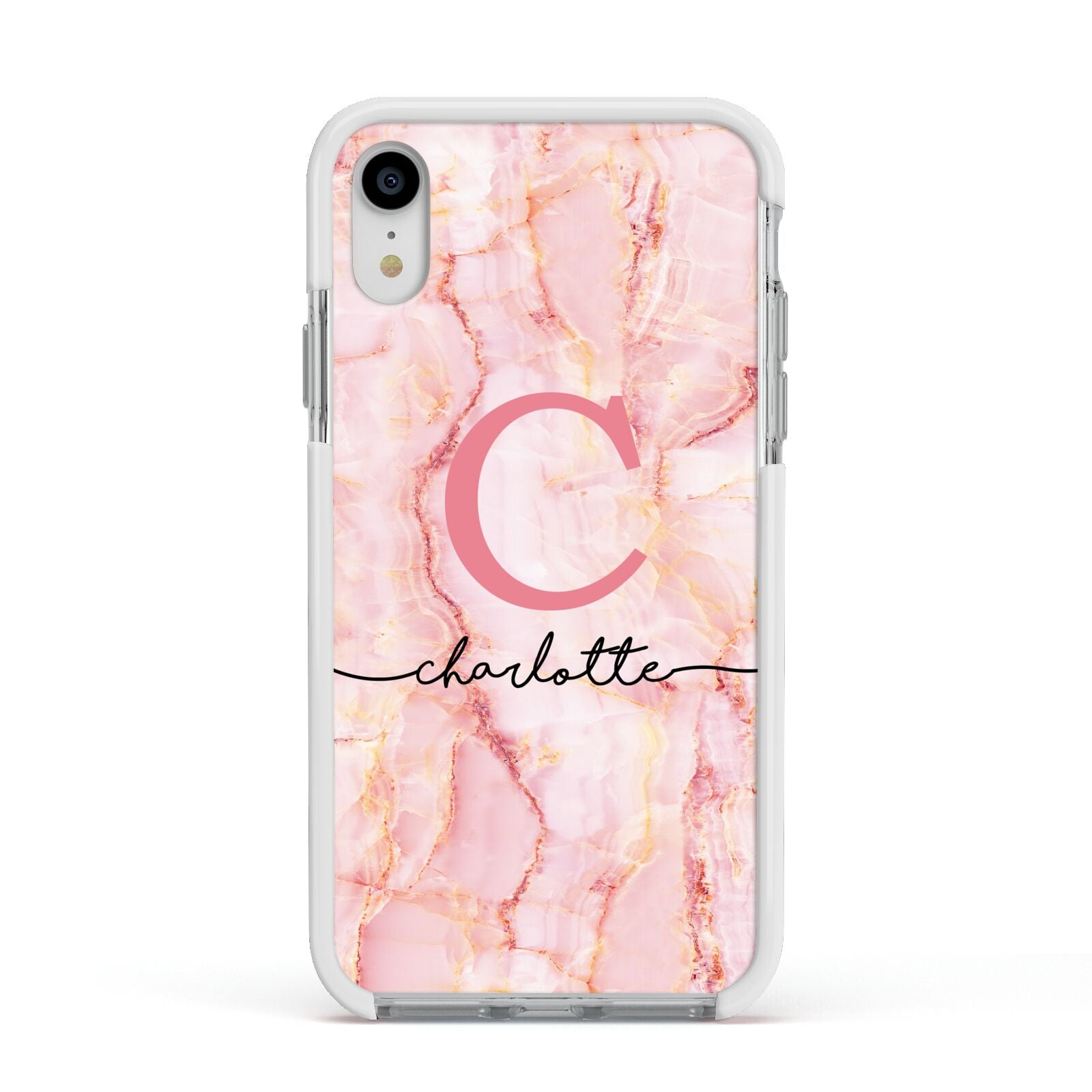 Monogram Pink Gold Agate with Text Apple iPhone XR Impact Case White Edge on Silver Phone