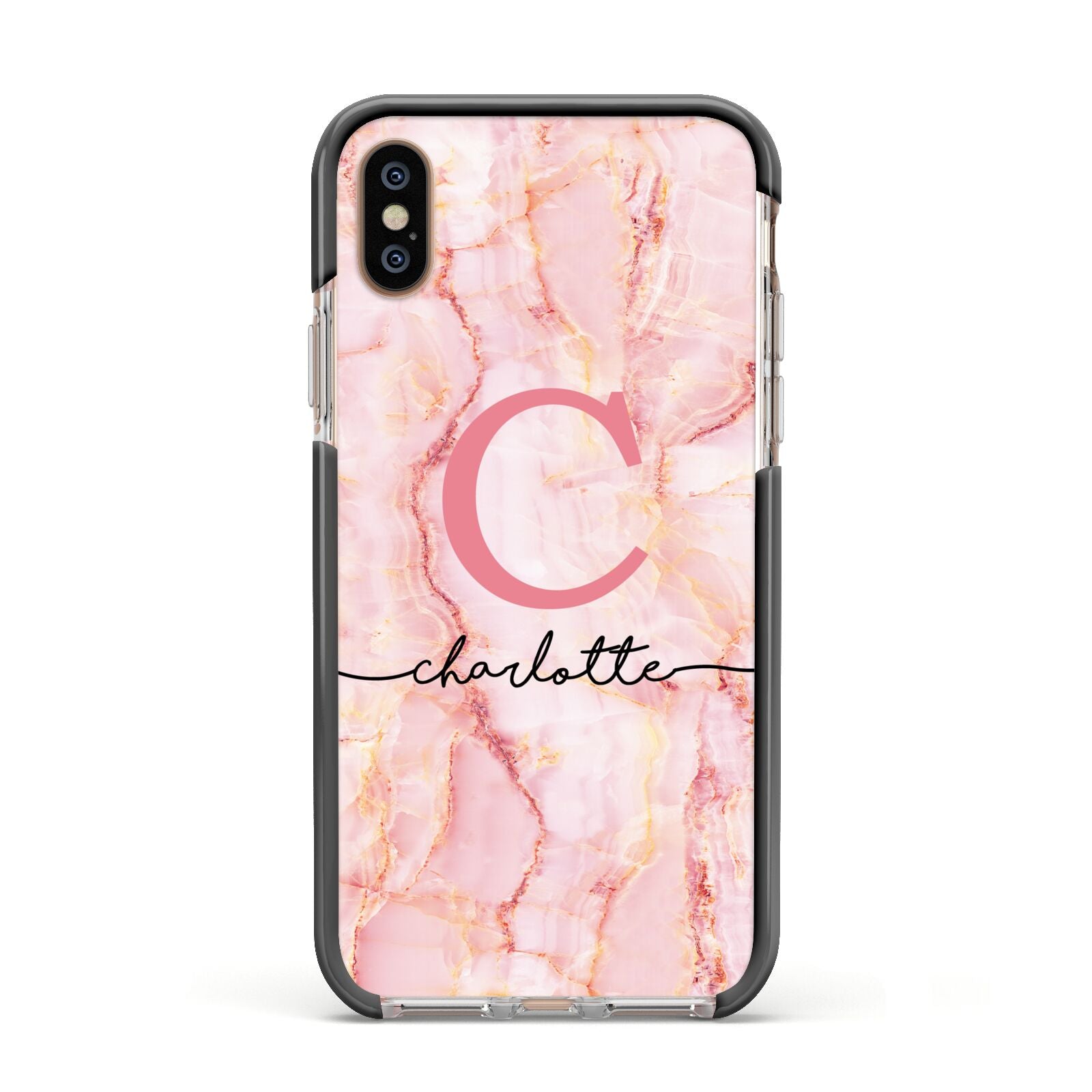 Monogram Pink Gold Agate with Text Apple iPhone Xs Impact Case Black Edge on Gold Phone