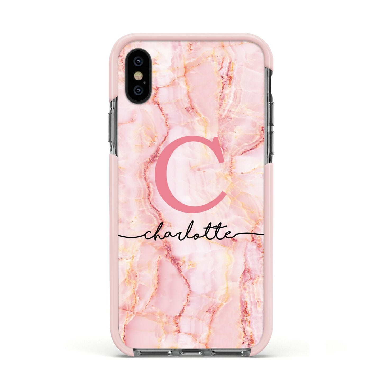 Monogram Pink Gold Agate with Text Apple iPhone Xs Impact Case Pink Edge on Black Phone