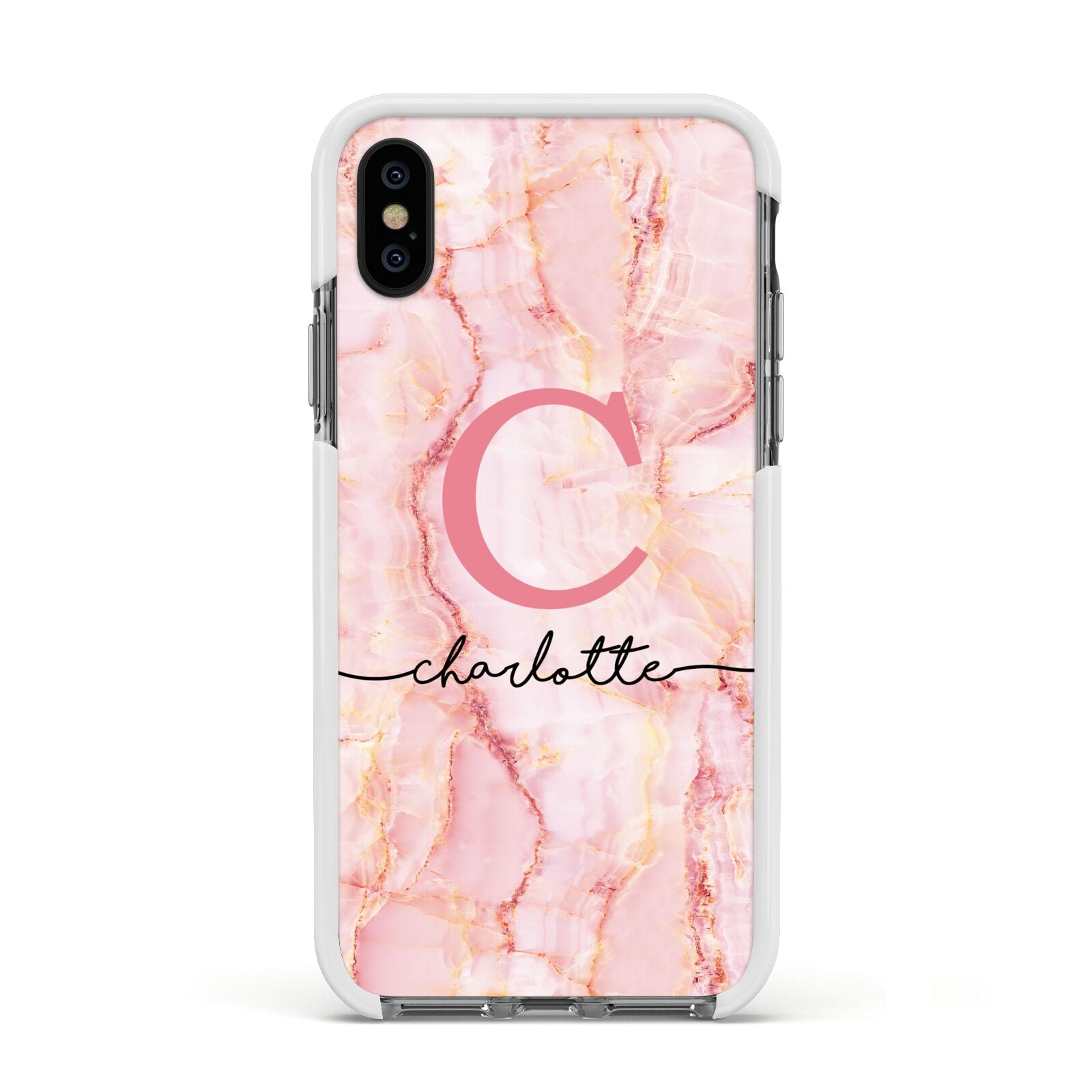 Monogram Pink Gold Agate with Text Apple iPhone Xs Impact Case White Edge on Black Phone