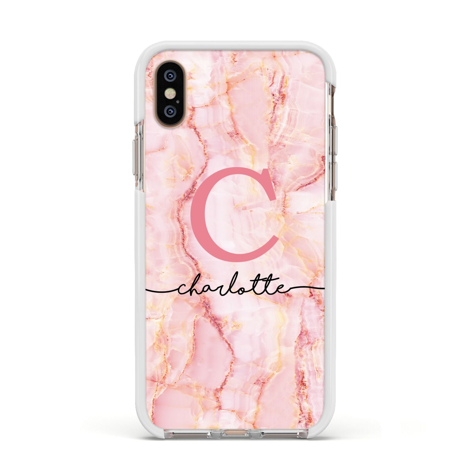 Monogram Pink Gold Agate with Text Apple iPhone Xs Impact Case White Edge on Gold Phone