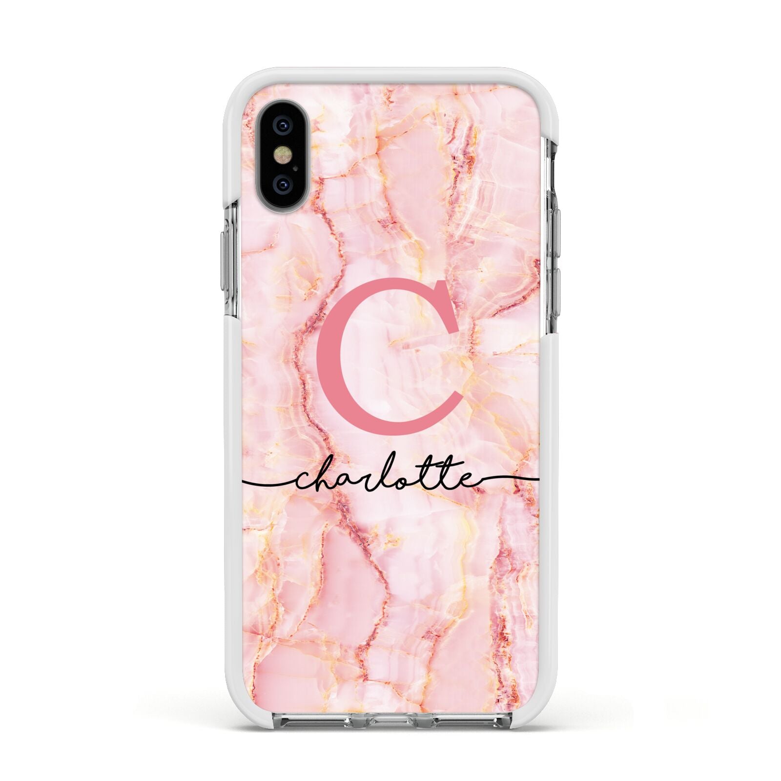 Monogram Pink Gold Agate with Text Apple iPhone Xs Impact Case White Edge on Silver Phone