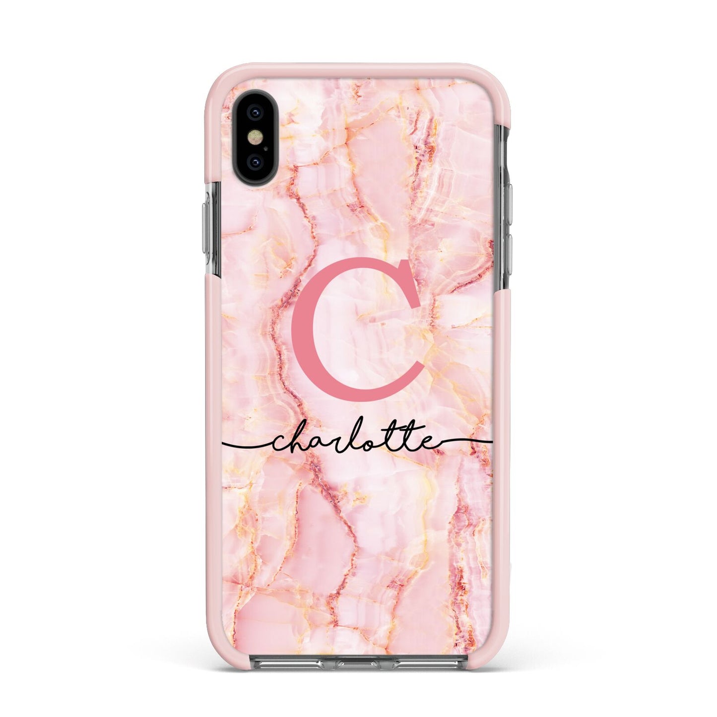 Monogram Pink Gold Agate with Text Apple iPhone Xs Max Impact Case Pink Edge on Black Phone