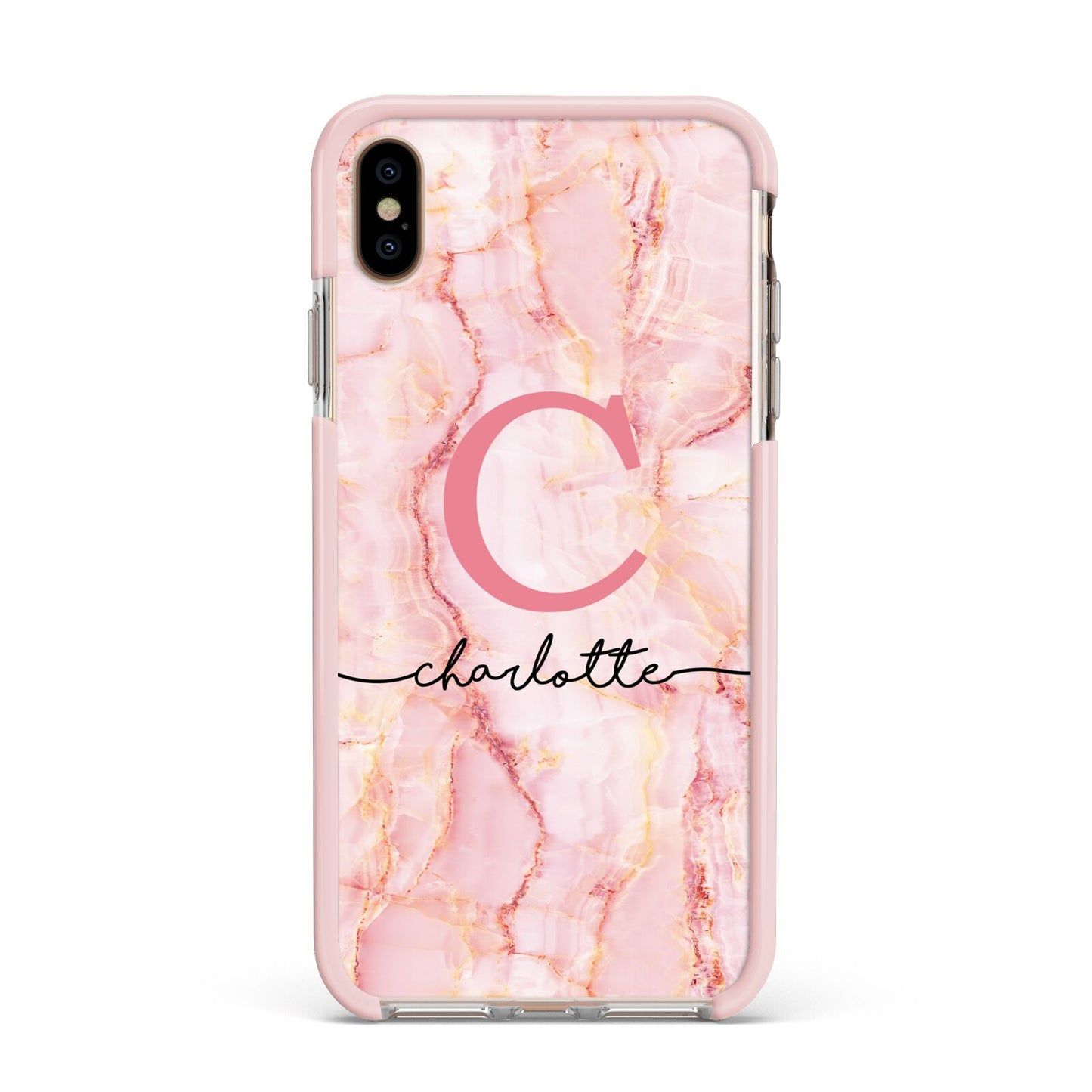Monogram Pink Gold Agate with Text Apple iPhone Xs Max Impact Case Pink Edge on Gold Phone