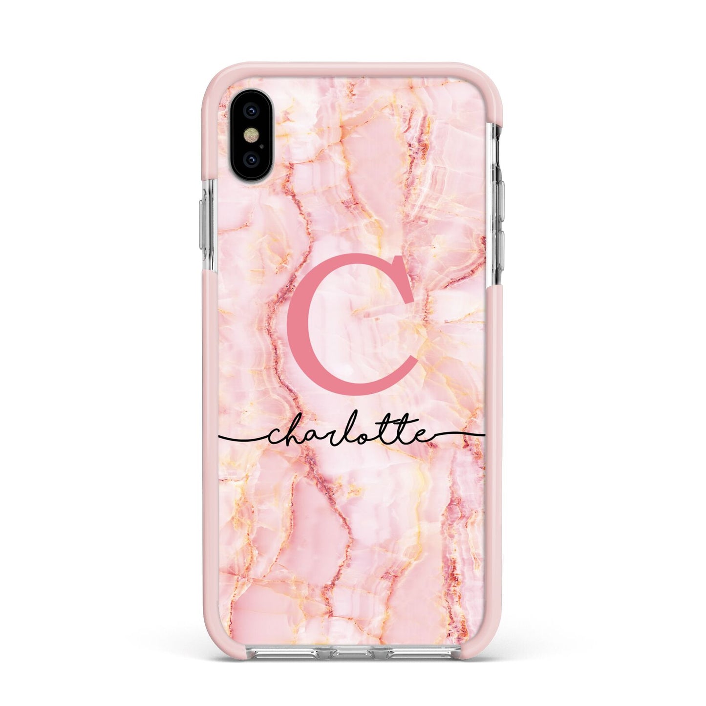 Monogram Pink Gold Agate with Text Apple iPhone Xs Max Impact Case Pink Edge on Silver Phone
