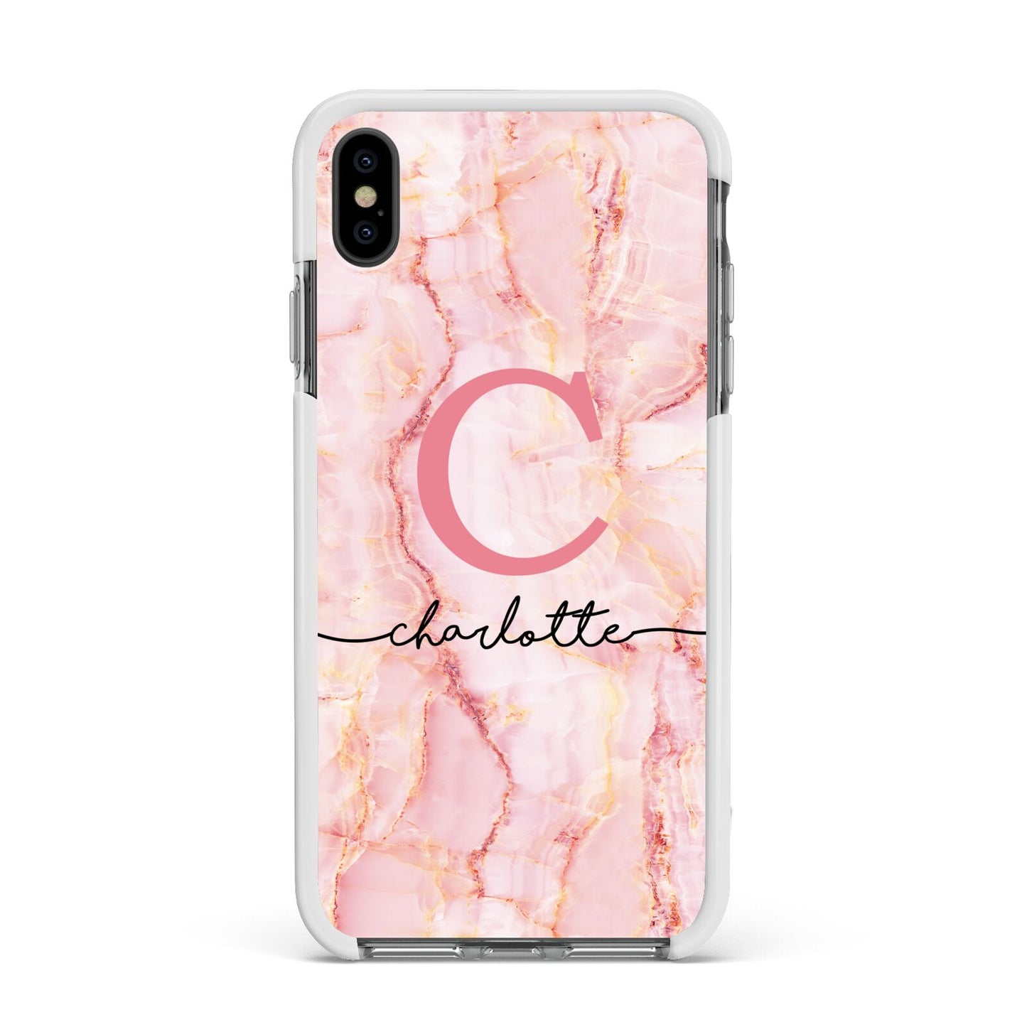 Monogram Pink Gold Agate with Text Apple iPhone Xs Max Impact Case White Edge on Black Phone