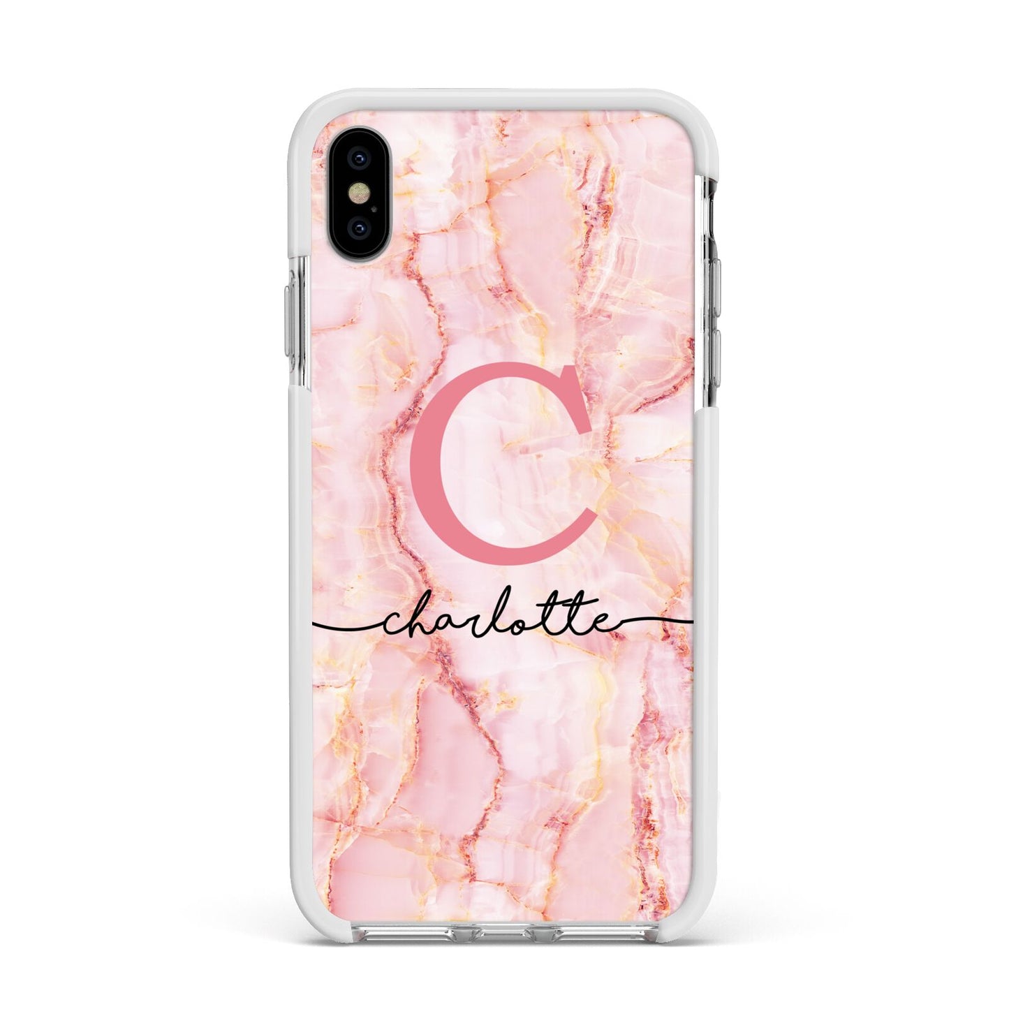 Monogram Pink Gold Agate with Text Apple iPhone Xs Max Impact Case White Edge on Silver Phone