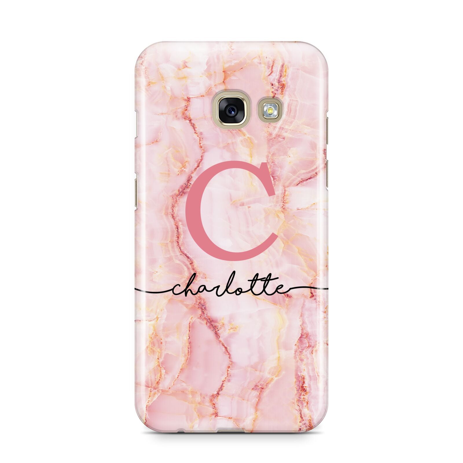 Monogram Pink Gold Agate with Text Samsung Galaxy A3 2017 Case on gold phone