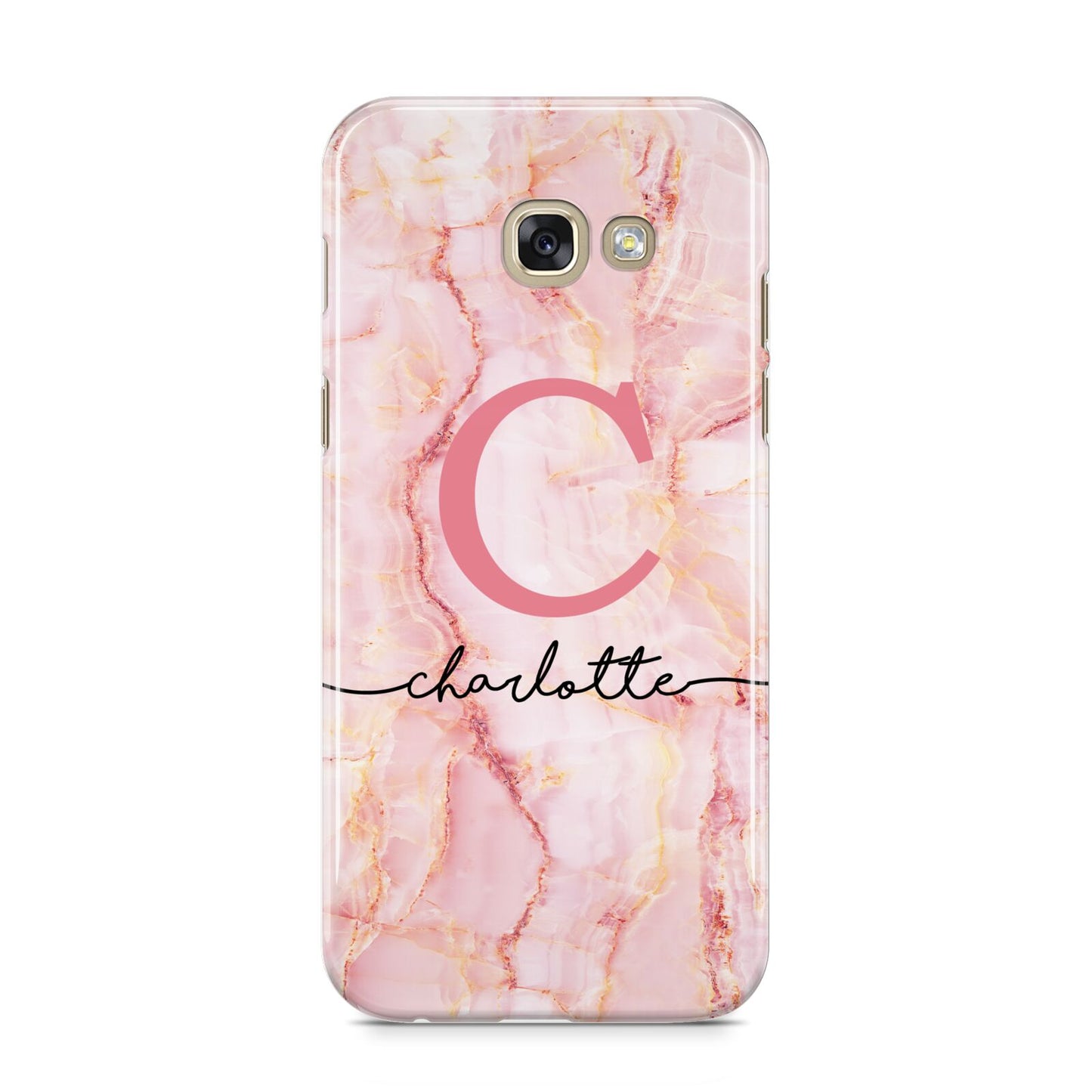 Monogram Pink Gold Agate with Text Samsung Galaxy A5 2017 Case on gold phone