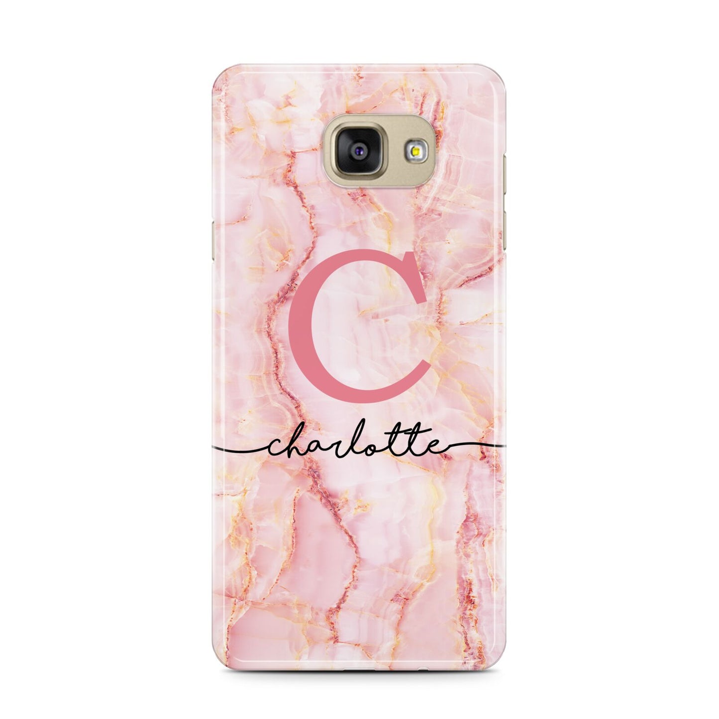 Monogram Pink Gold Agate with Text Samsung Galaxy A7 2016 Case on gold phone