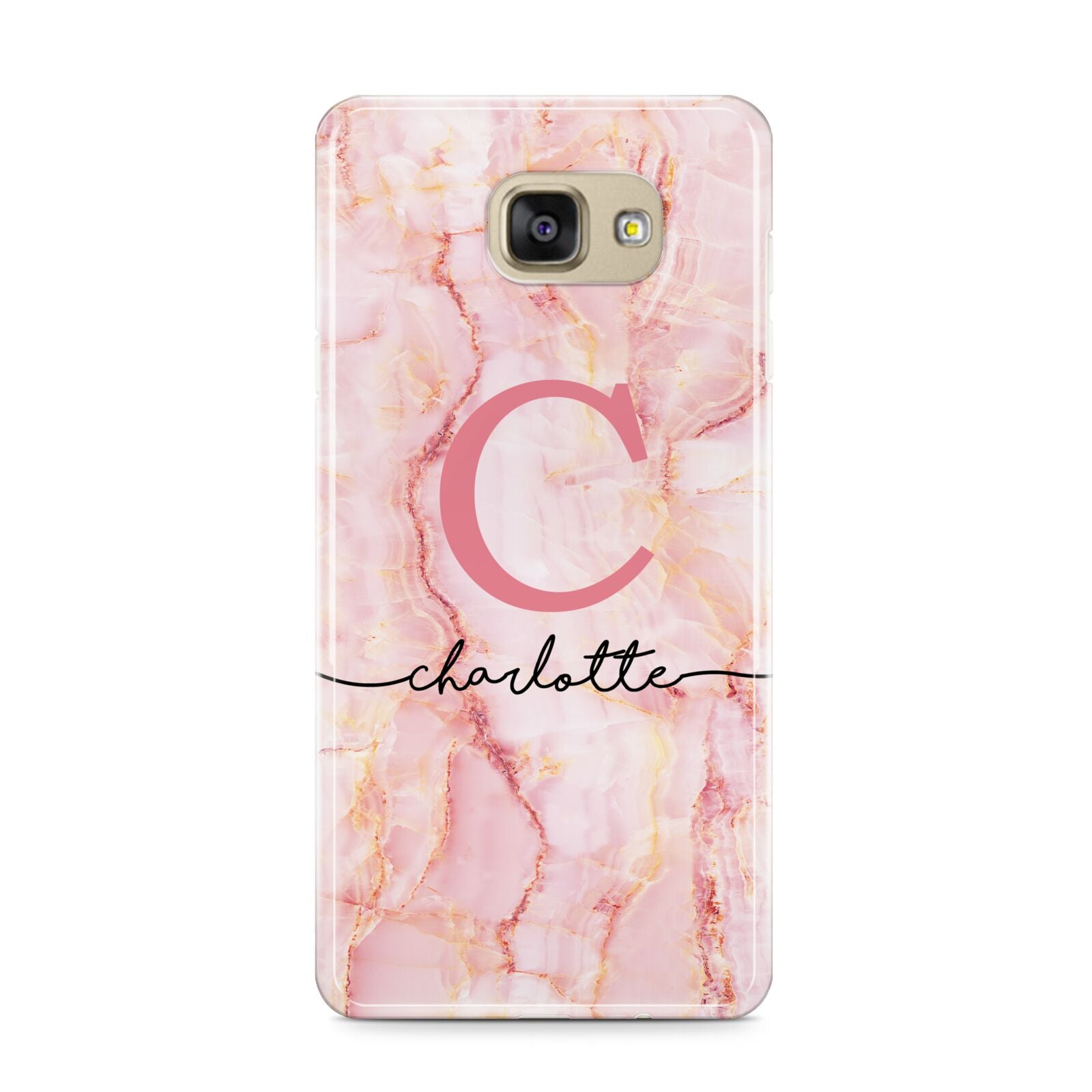 Monogram Pink Gold Agate with Text Samsung Galaxy A9 2016 Case on gold phone