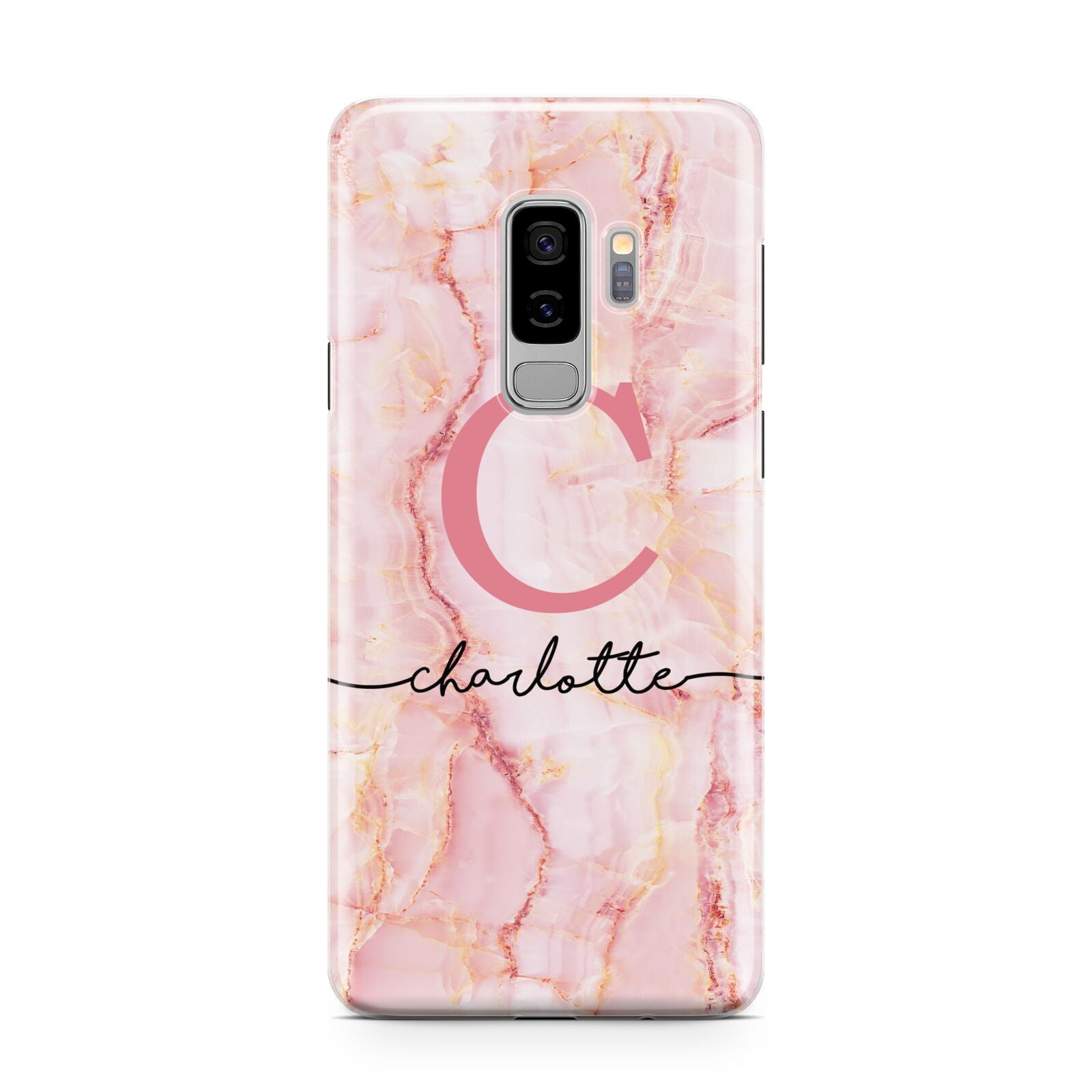 Monogram Pink Gold Agate with Text Samsung Galaxy S9 Plus Case on Silver phone