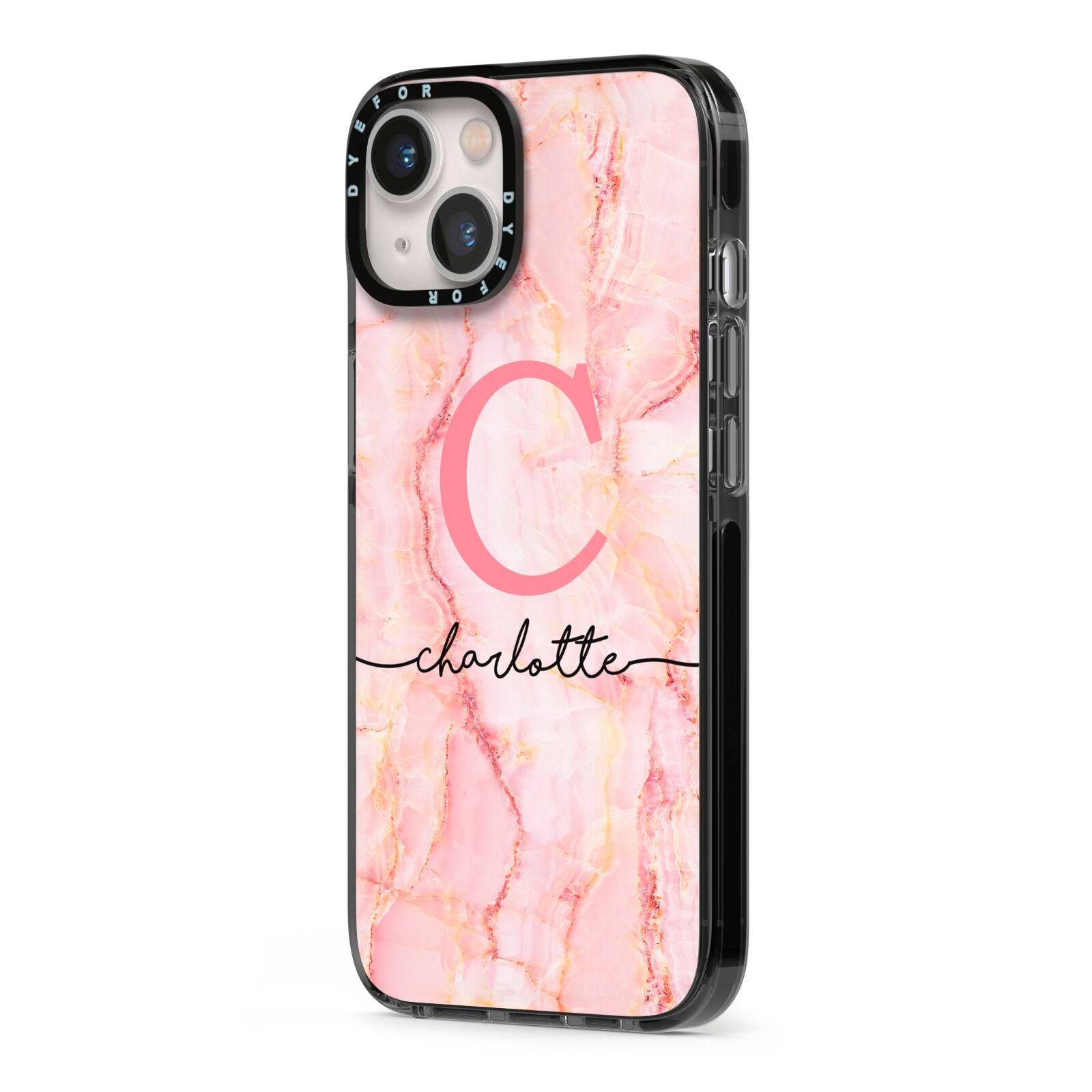 Monogram Pink Gold Agate with Text iPhone 13 Black Impact Case Side Angle on Silver phone
