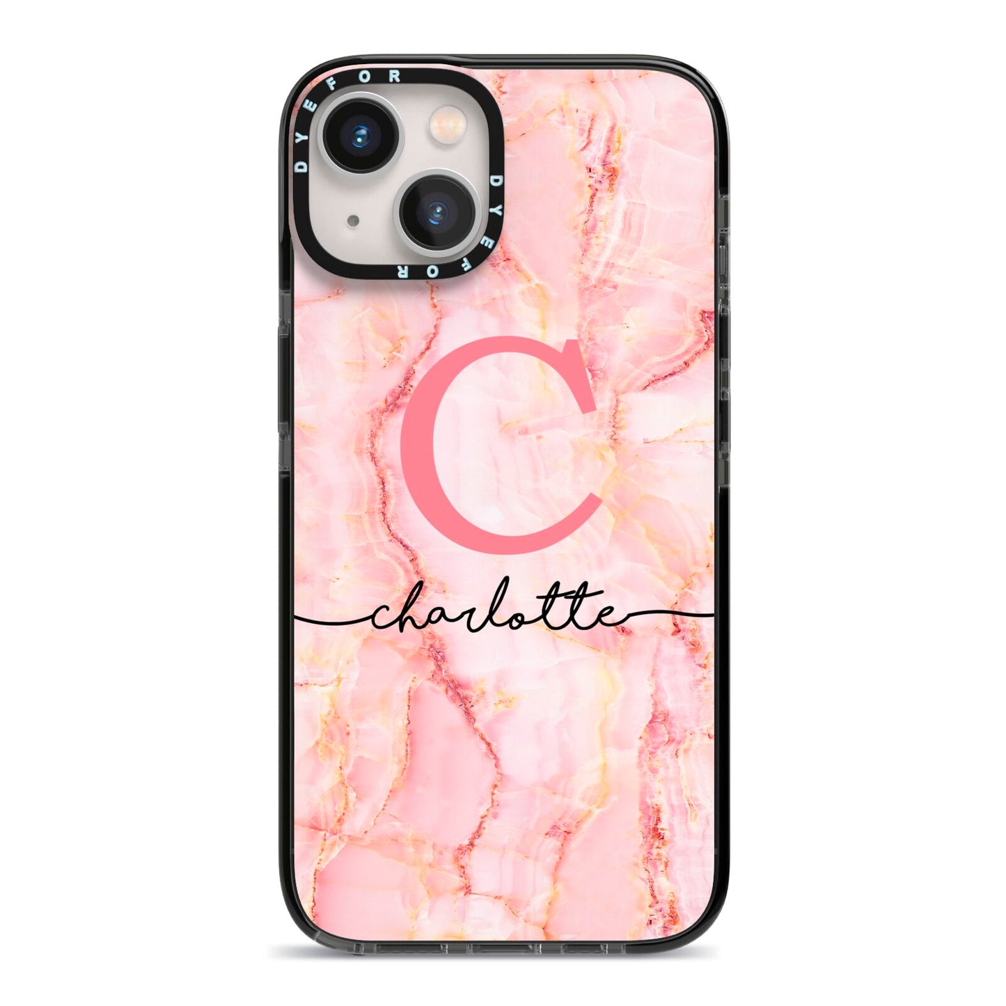 Monogram Pink Gold Agate with Text iPhone 13 Black Impact Case on Silver phone