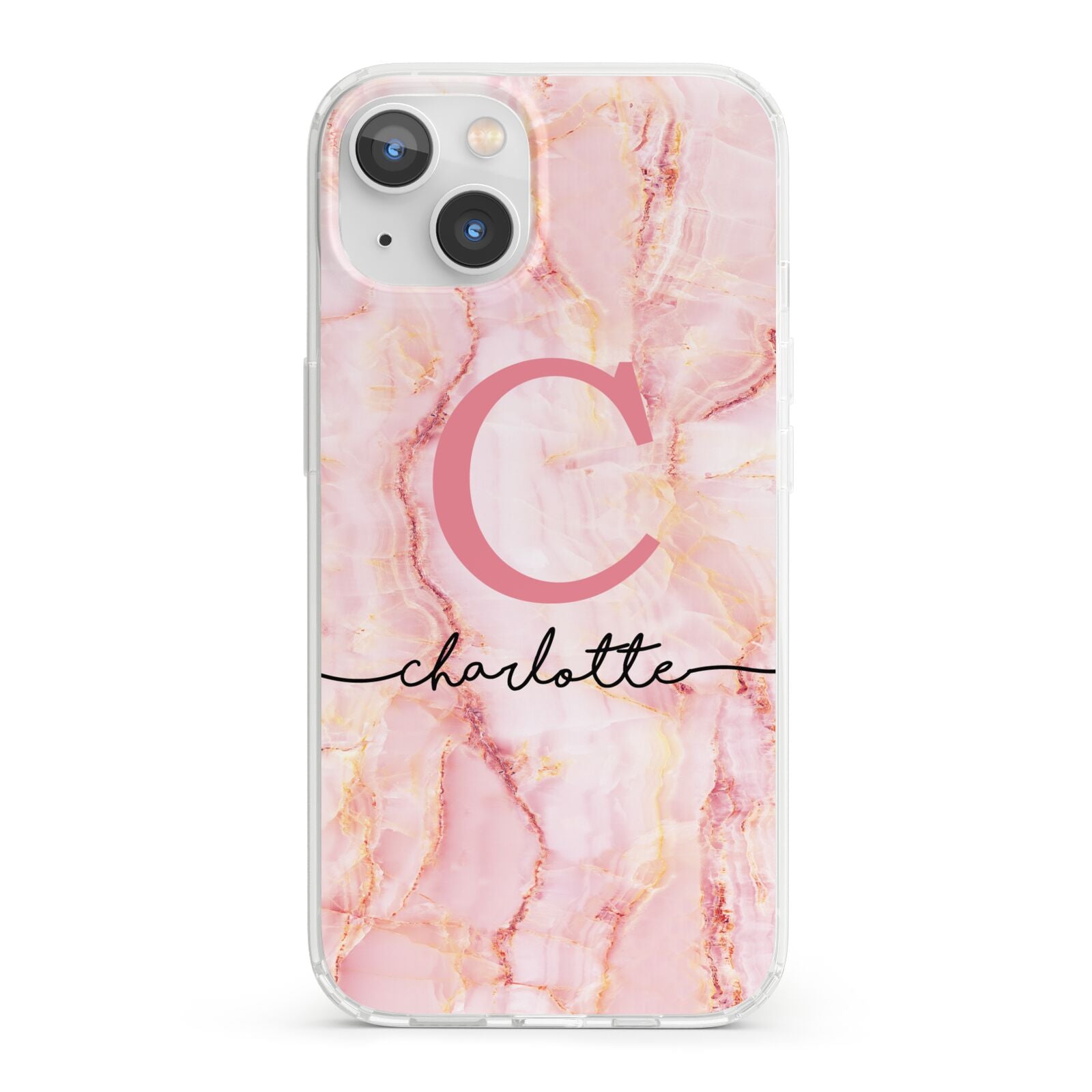 Monogram Pink Gold Agate with Text iPhone 13 Clear Bumper Case