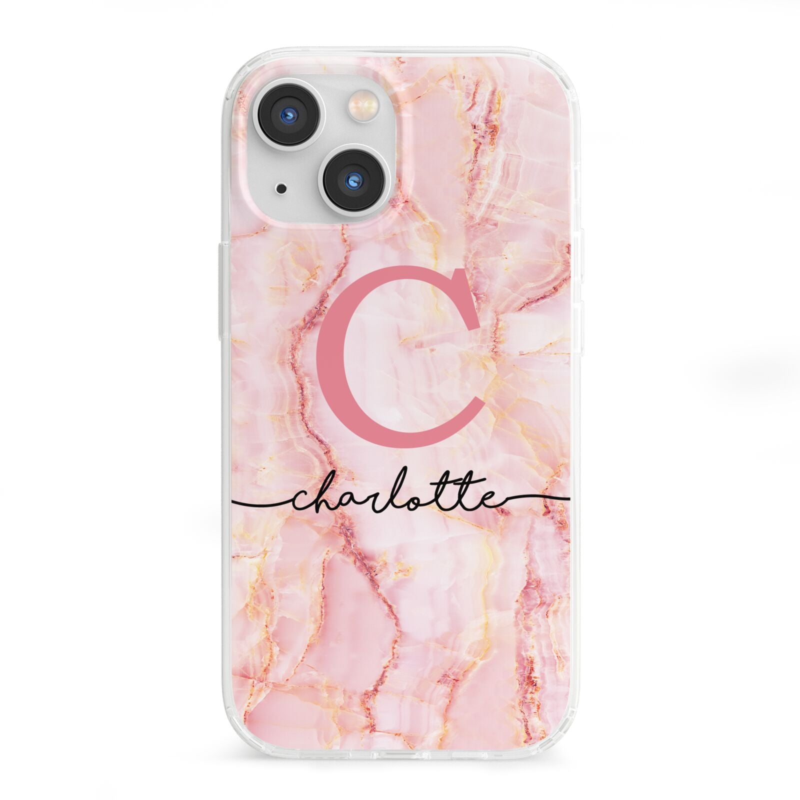 Monogram Pink Gold Agate with Text iPhone 13 Mini Clear Bumper Case