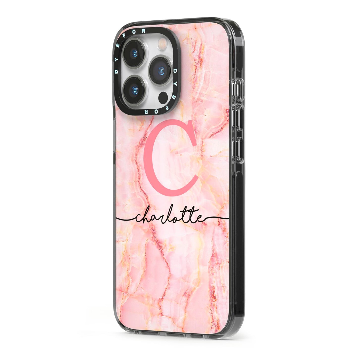 Monogram Pink Gold Agate with Text iPhone 13 Pro Black Impact Case Side Angle on Silver phone