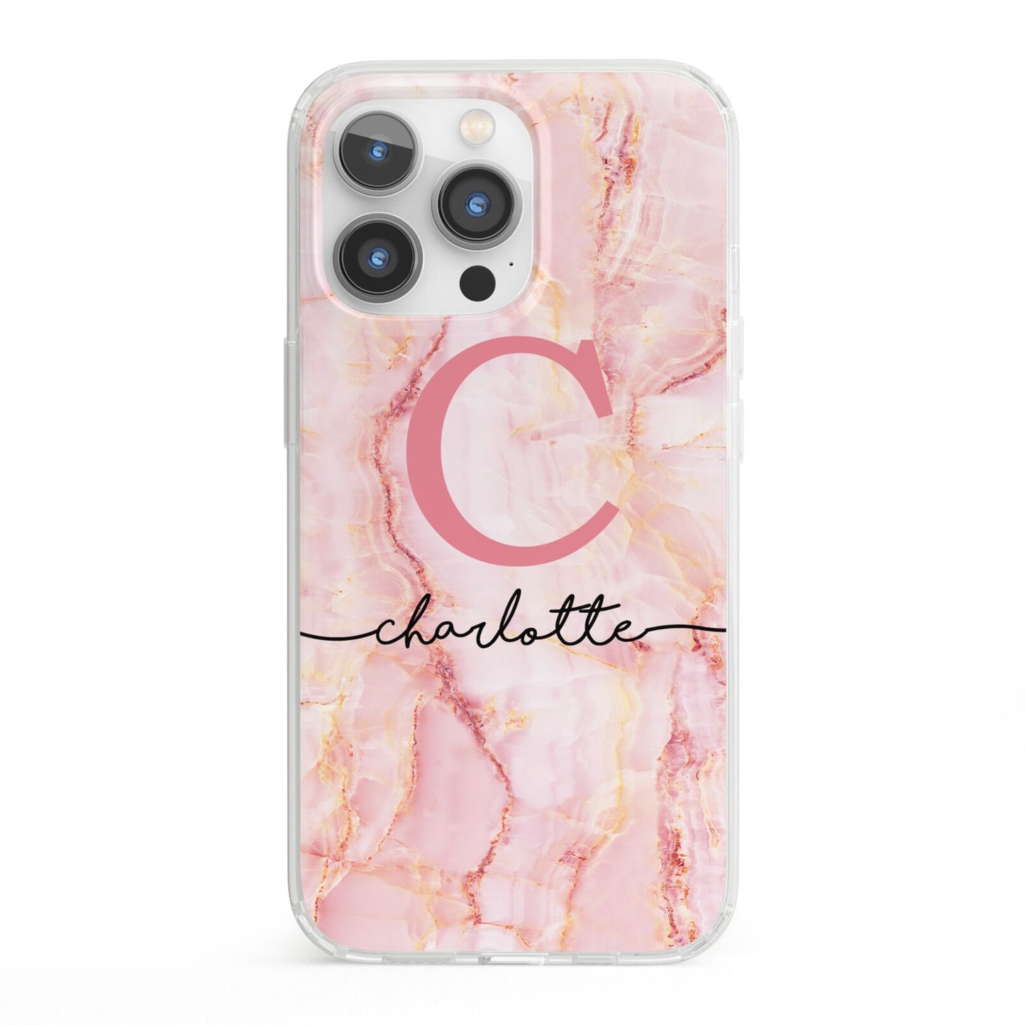 Monogram Pink Gold Agate with Text iPhone 13 Pro Clear Bumper Case