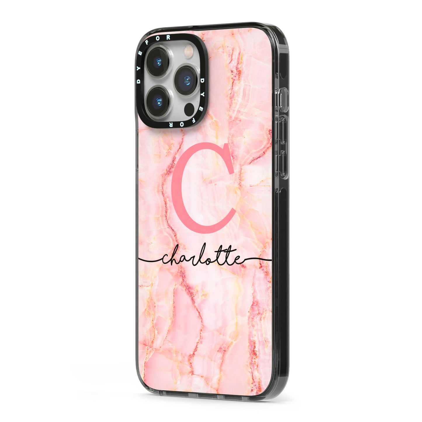 Monogram Pink Gold Agate with Text iPhone 13 Pro Max Black Impact Case Side Angle on Silver phone