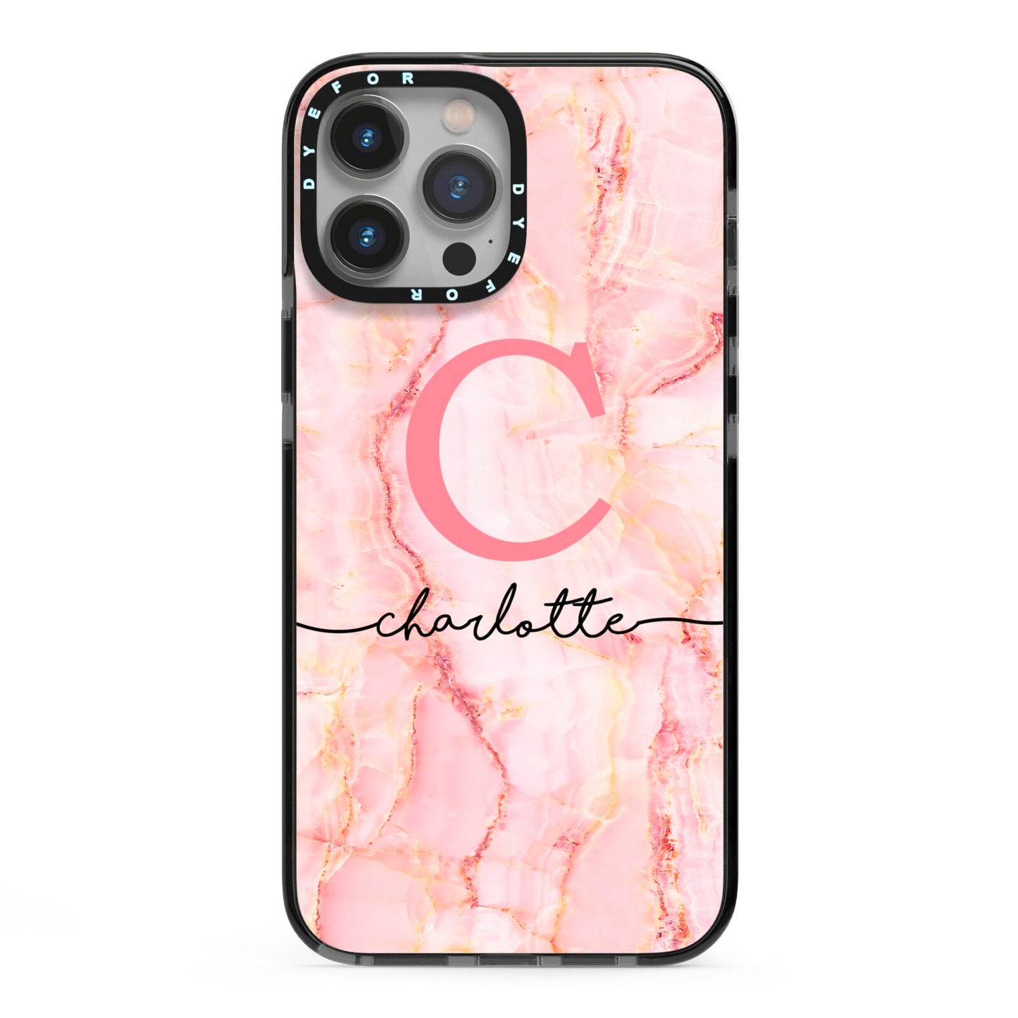 Monogram Pink Gold Agate with Text iPhone 13 Pro Max Black Impact Case on Silver phone