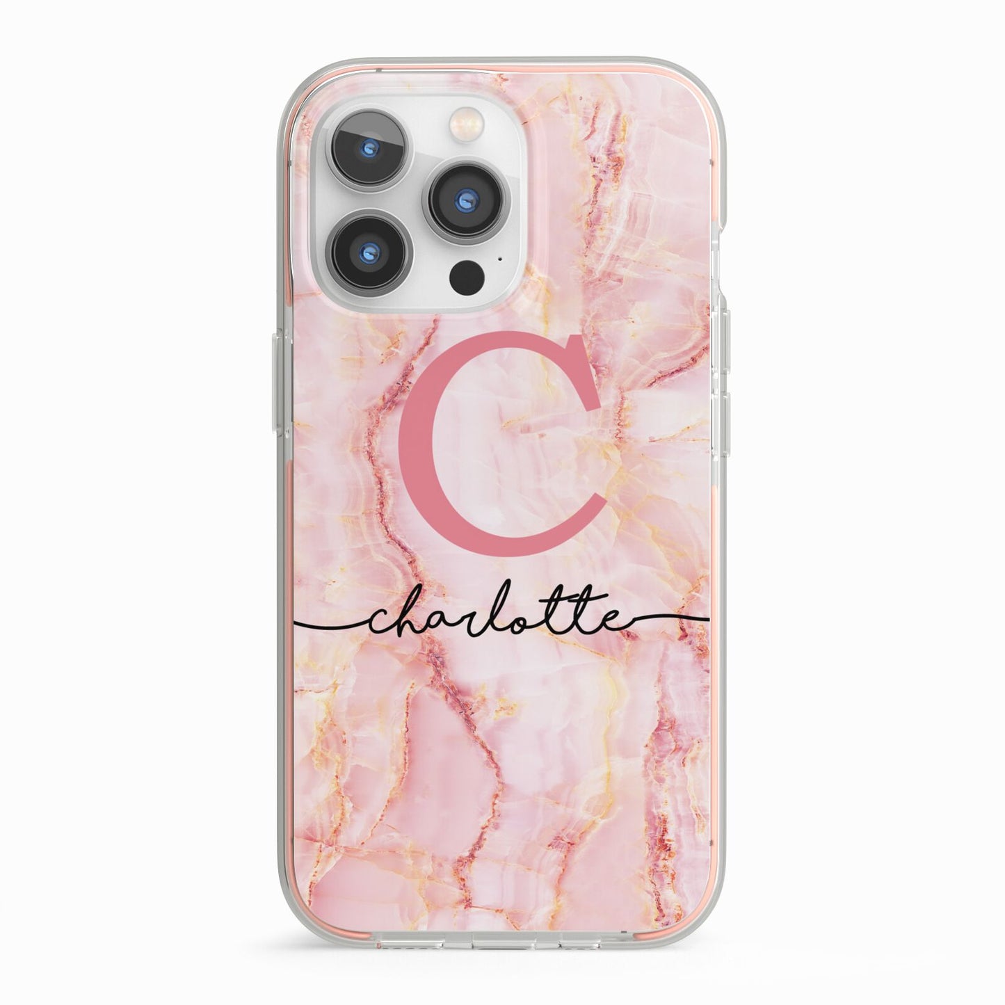 Monogram Pink Gold Agate with Text iPhone 13 Pro TPU Impact Case with Pink Edges