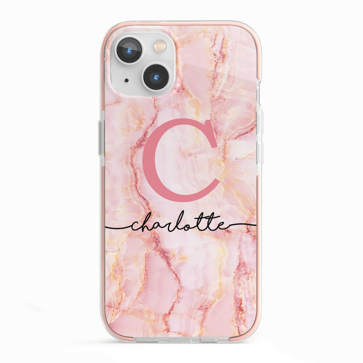Monogram Pink Gold Agate with Text iPhone 13 TPU Impact Case with Pink Edges