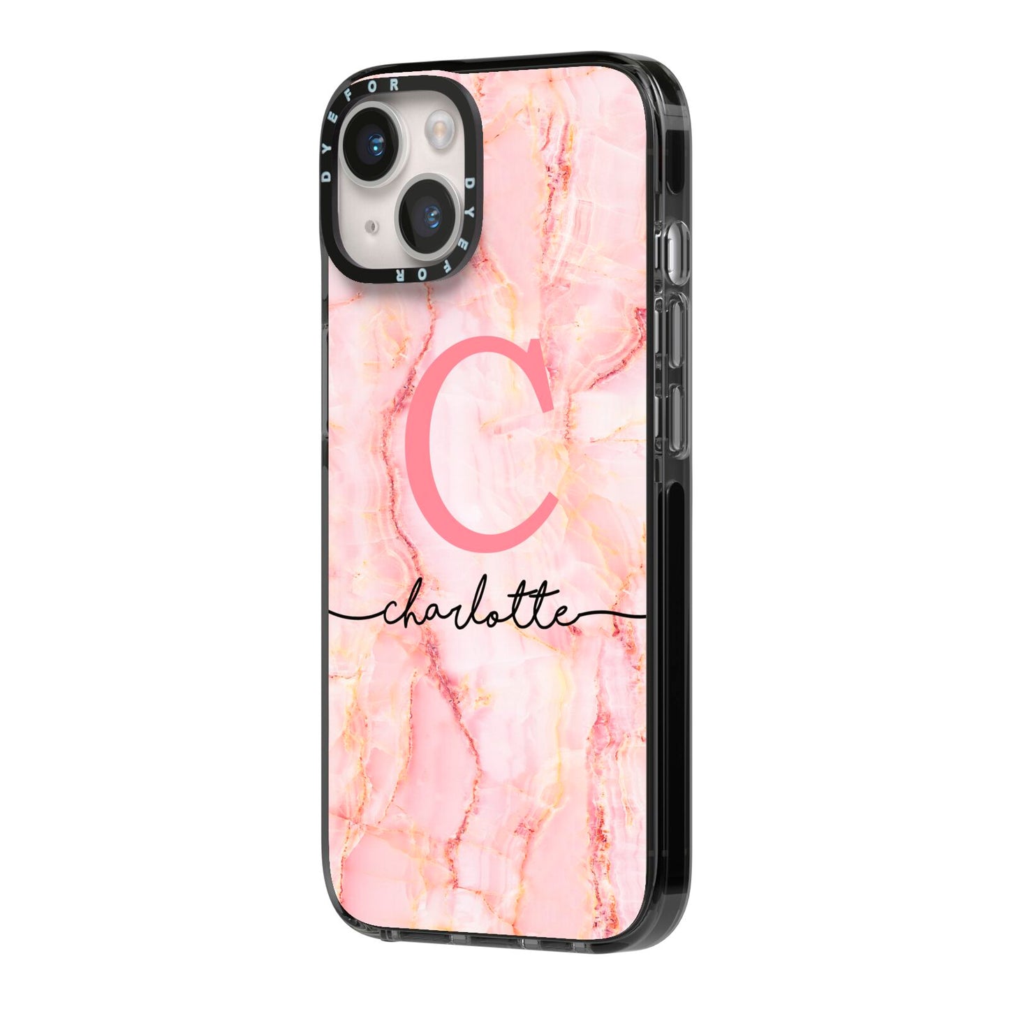 Monogram Pink Gold Agate with Text iPhone 14 Black Impact Case Side Angle on Silver phone