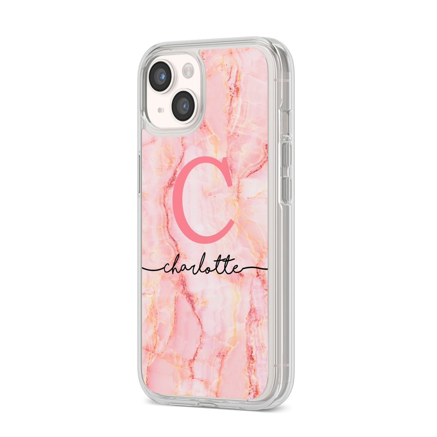 Monogram Pink Gold Agate with Text iPhone 14 Clear Tough Case Starlight Angled Image