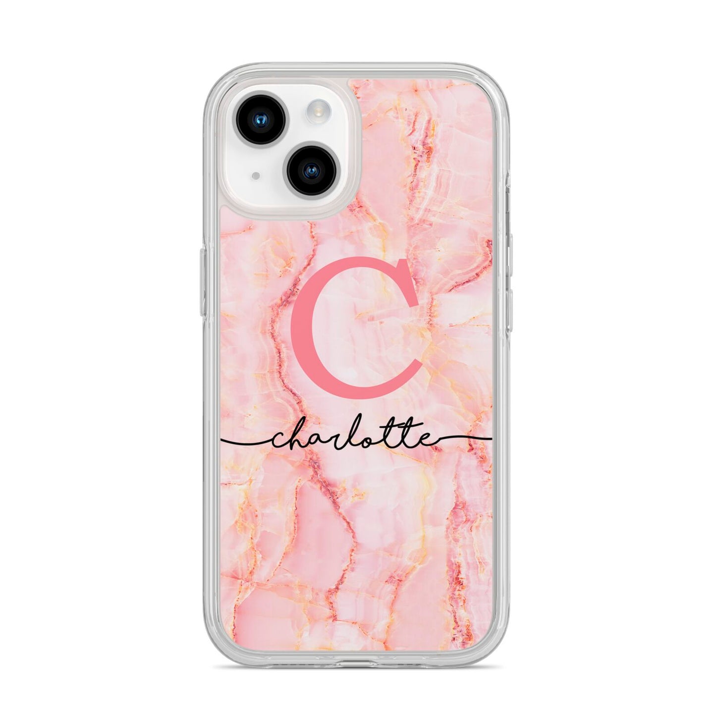 Monogram Pink Gold Agate with Text iPhone 14 Clear Tough Case Starlight