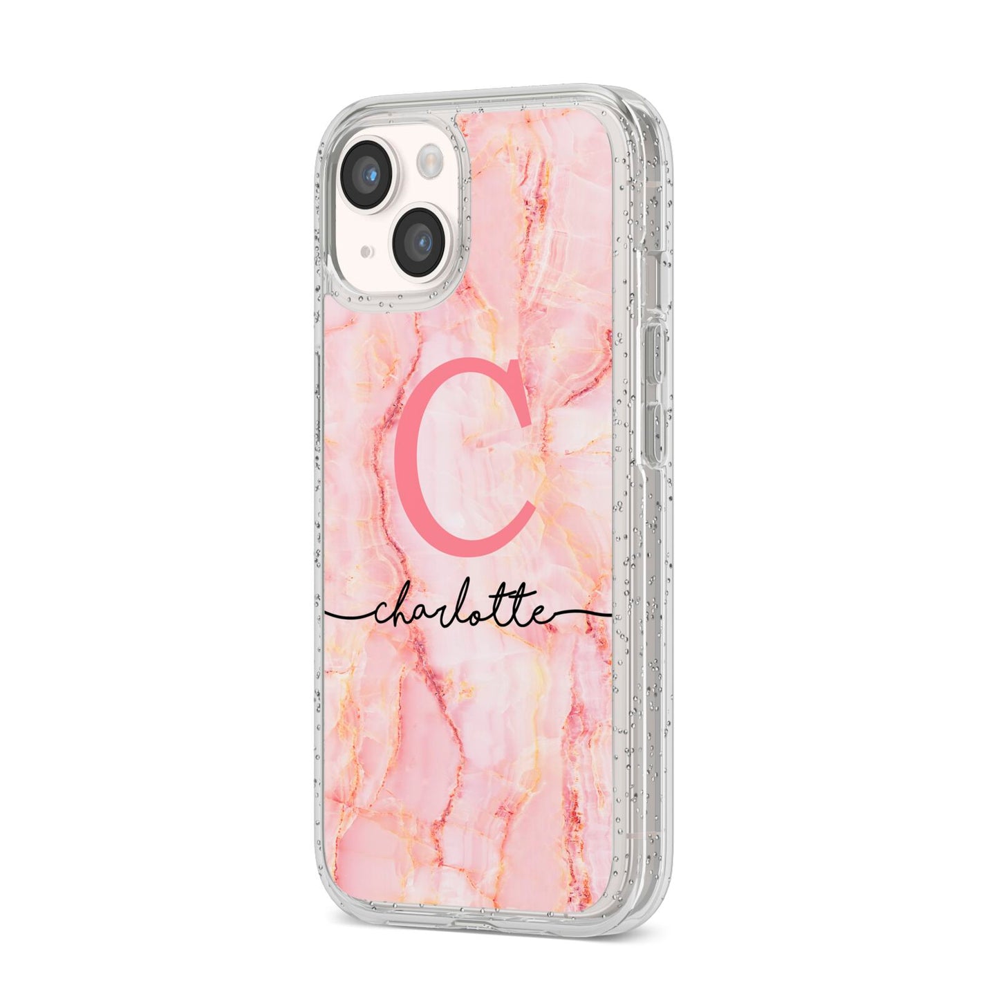 Monogram Pink Gold Agate with Text iPhone 14 Glitter Tough Case Starlight Angled Image