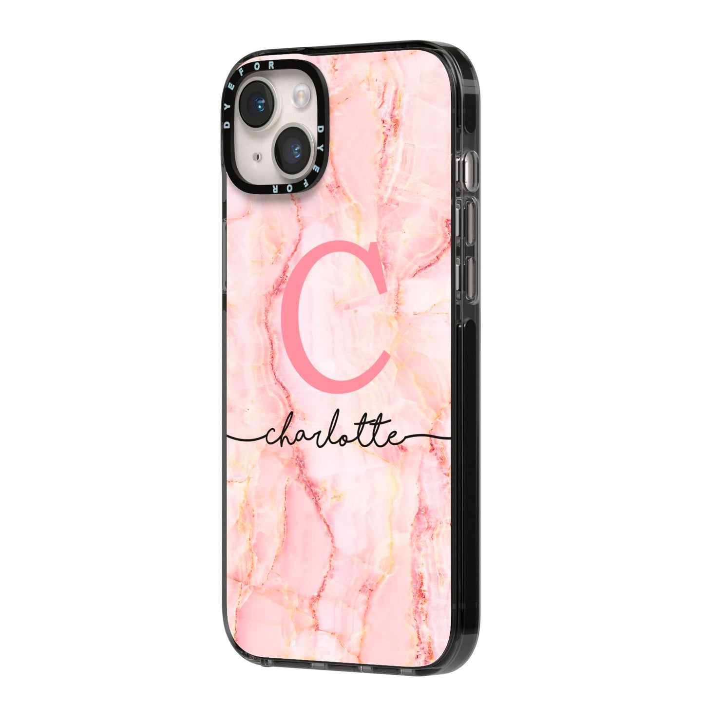 Monogram Pink Gold Agate with Text iPhone 14 Plus Black Impact Case Side Angle on Silver phone