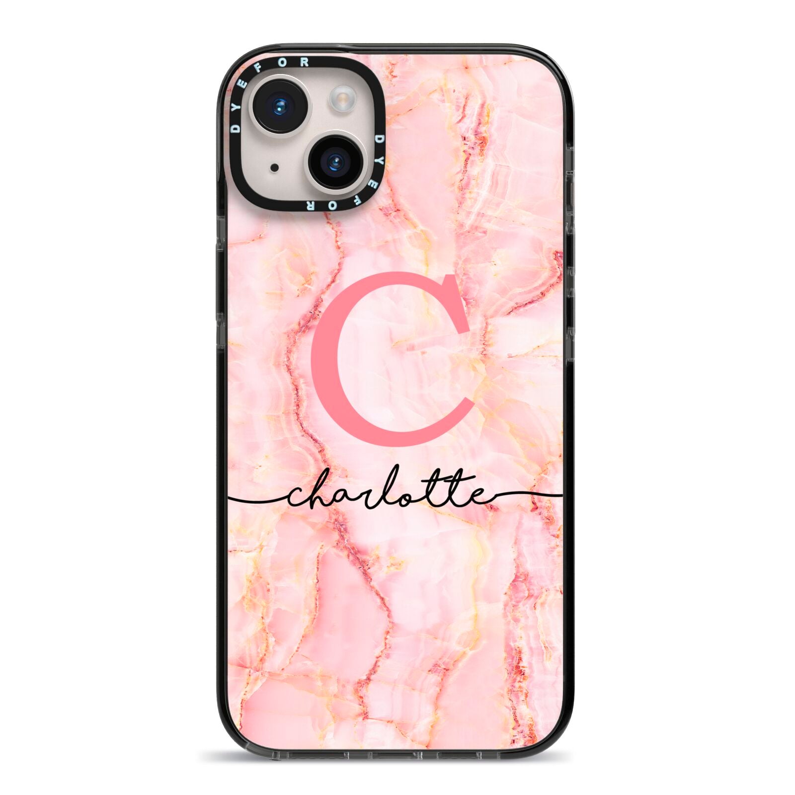 Monogram Pink Gold Agate with Text iPhone 14 Plus Black Impact Case on Silver phone