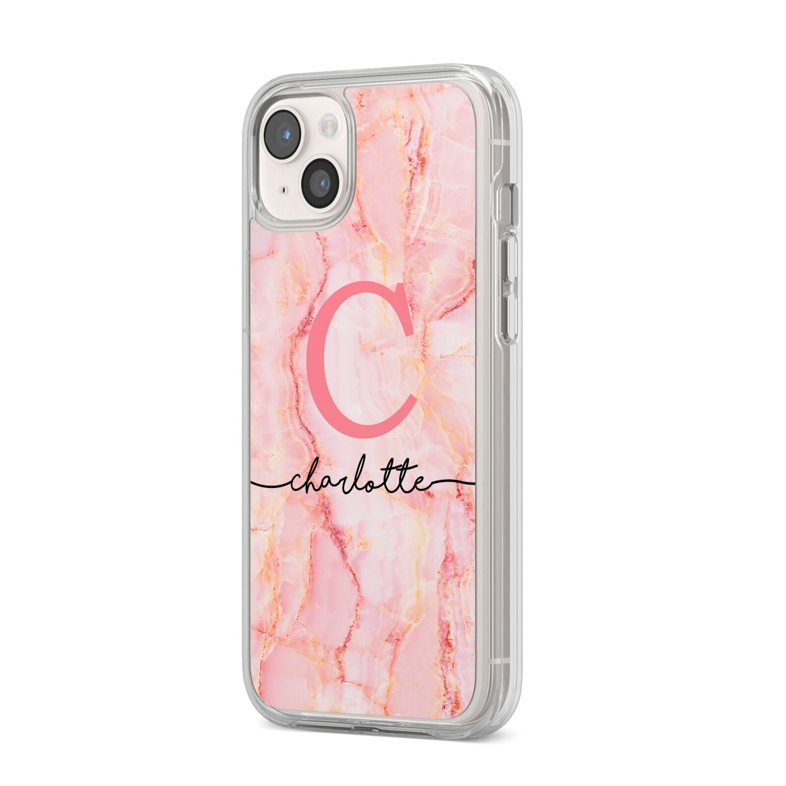 Monogram Pink Gold Agate with Text iPhone 14 Plus Clear Tough Case Starlight Angled Image