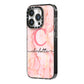 Monogram Pink Gold Agate with Text iPhone 14 Pro Black Impact Case Side Angle on Silver phone