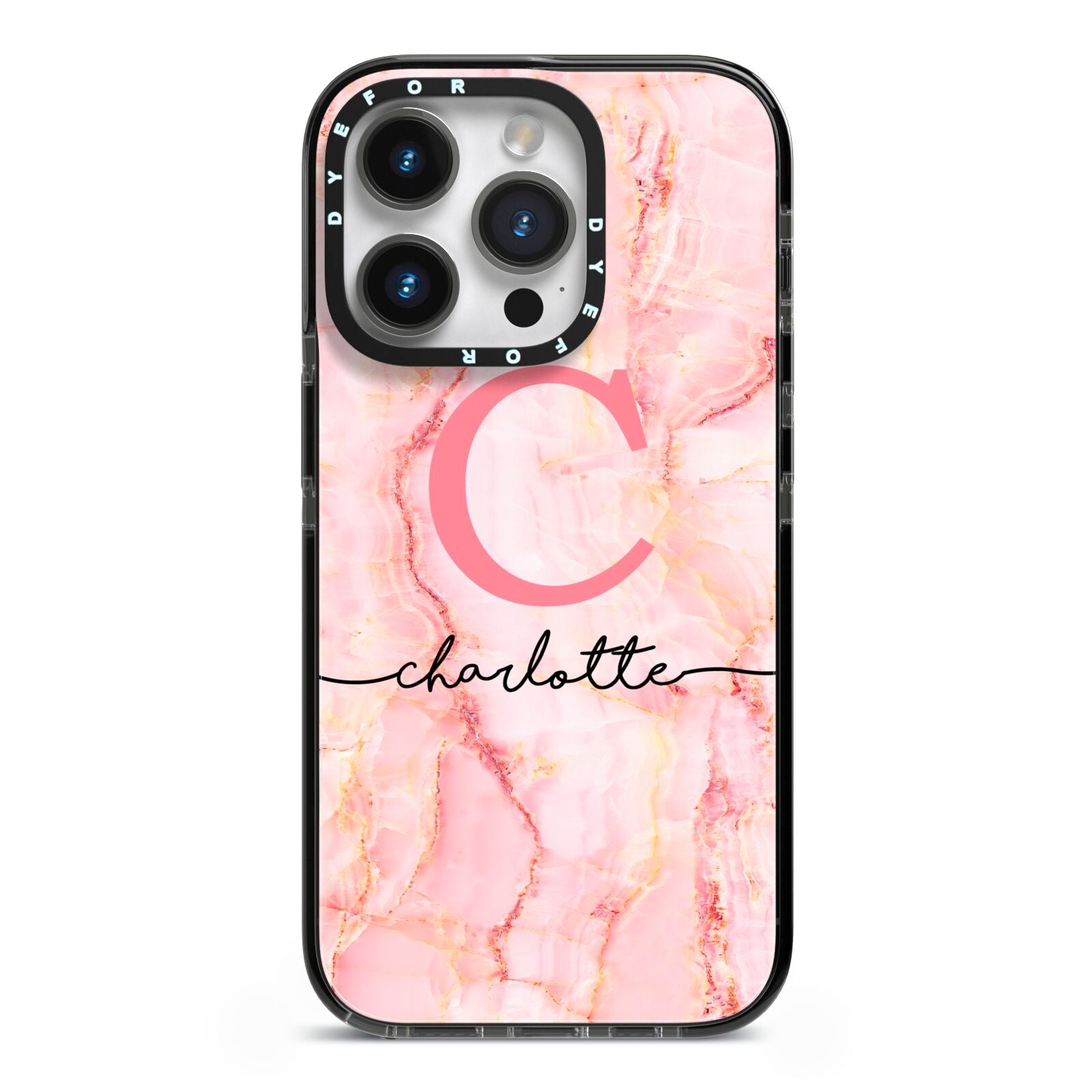 Monogram Pink Gold Agate with Text iPhone 14 Pro Black Impact Case on Silver phone