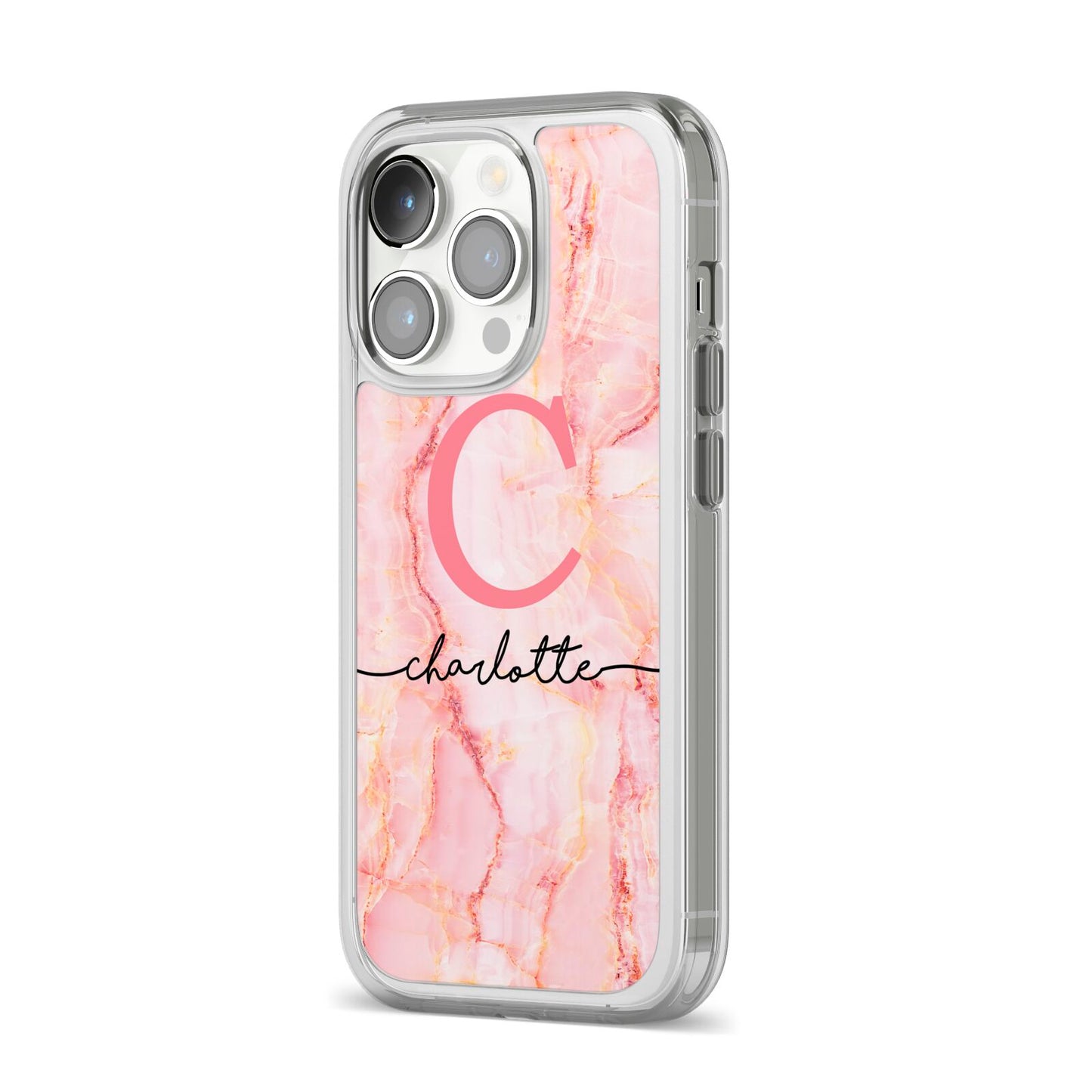 Monogram Pink Gold Agate with Text iPhone 14 Pro Clear Tough Case Silver Angled Image