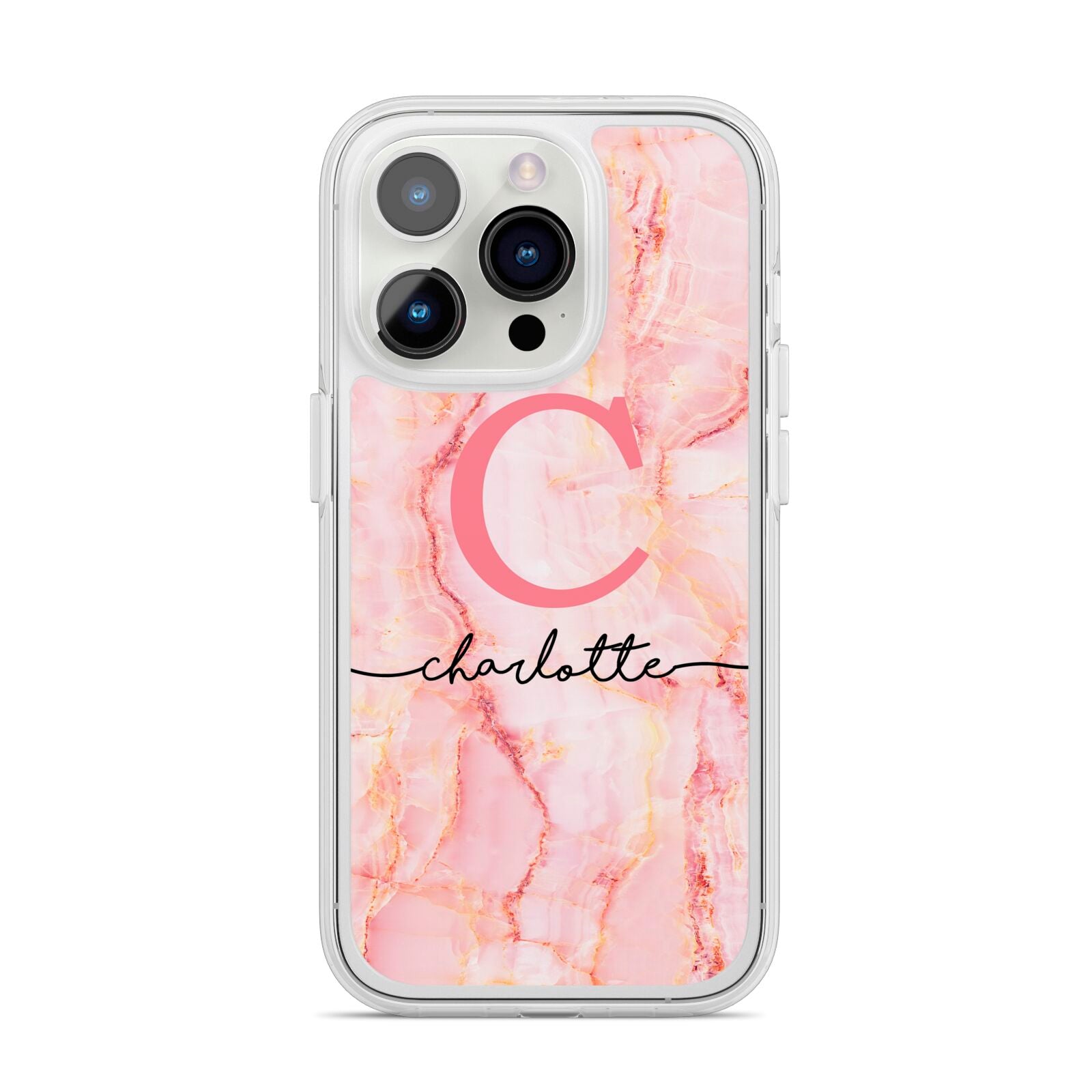 Monogram Pink Gold Agate with Text iPhone 14 Pro Clear Tough Case Silver