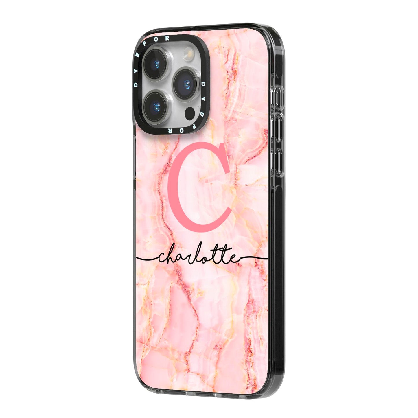 Monogram Pink Gold Agate with Text iPhone 14 Pro Max Black Impact Case Side Angle on Silver phone
