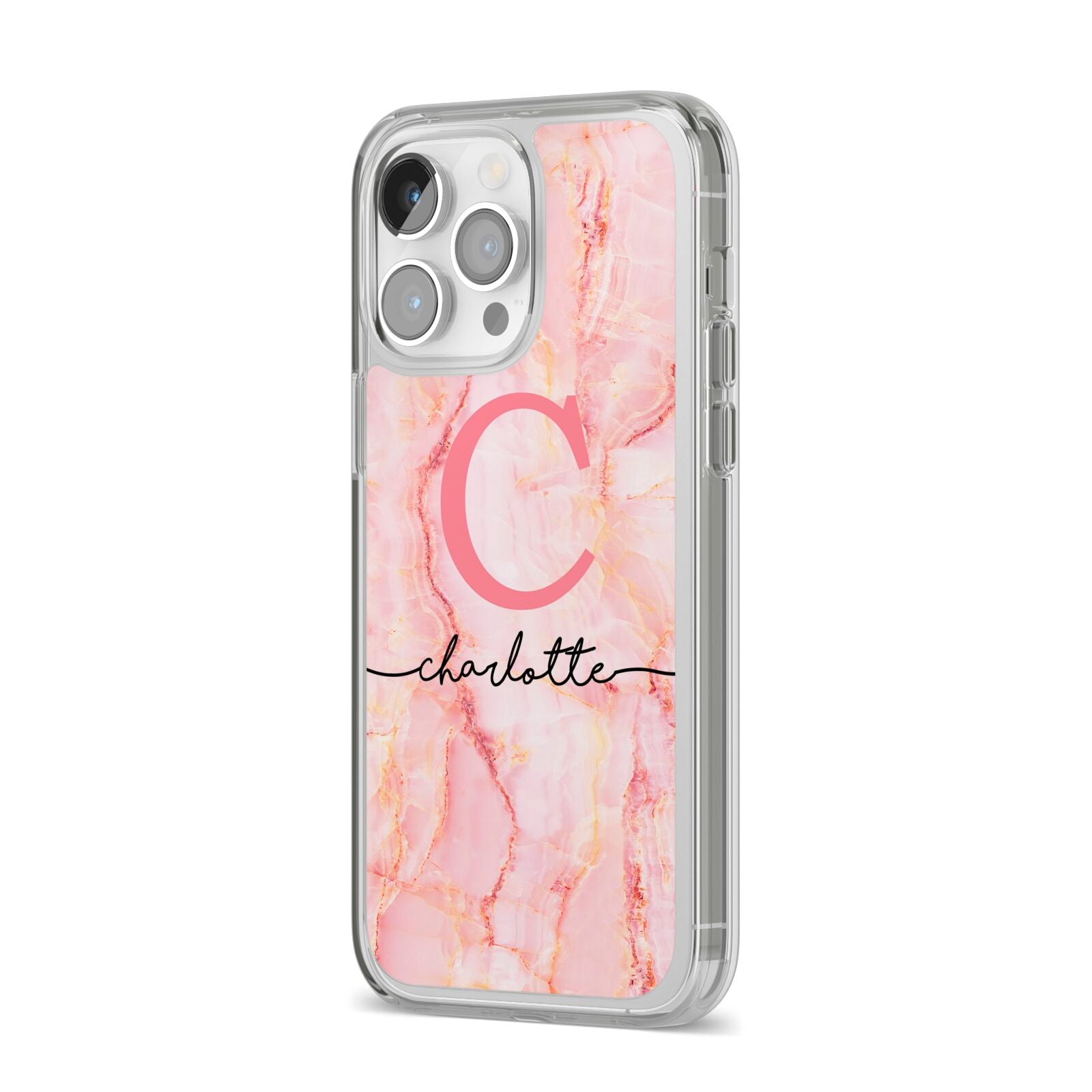 Monogram Pink Gold Agate with Text iPhone 14 Pro Max Clear Tough Case Silver Angled Image