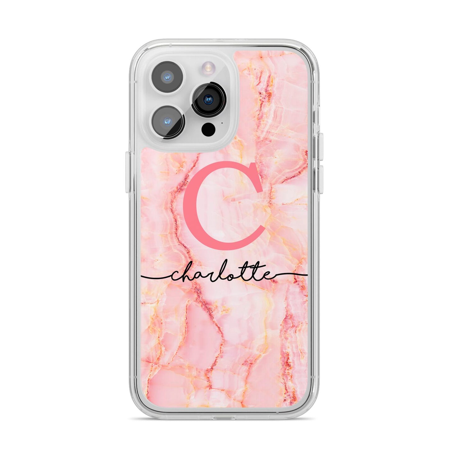 Monogram Pink Gold Agate with Text iPhone 14 Pro Max Clear Tough Case Silver