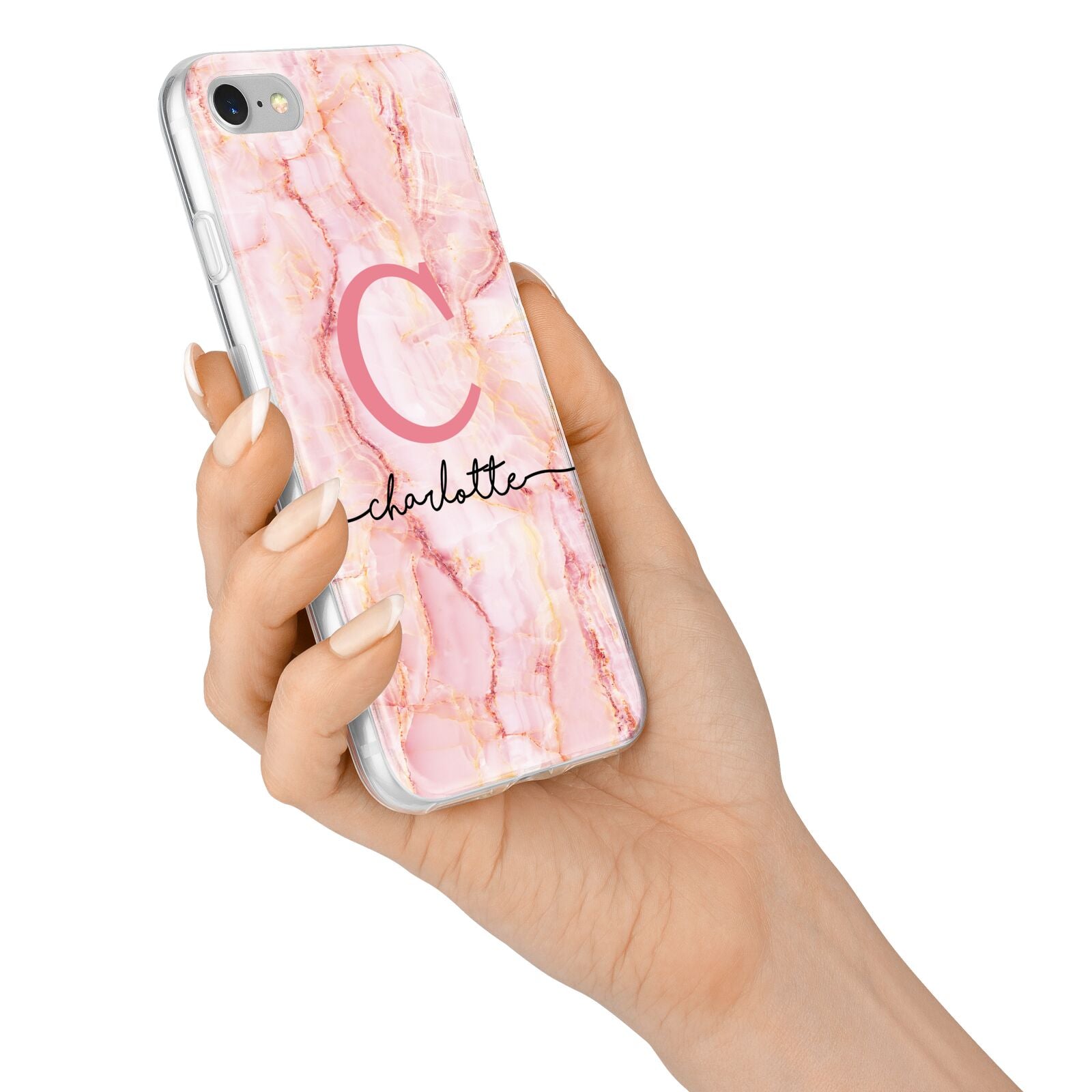 Monogram Pink Gold Agate with Text iPhone 7 Bumper Case on Silver iPhone Alternative Image