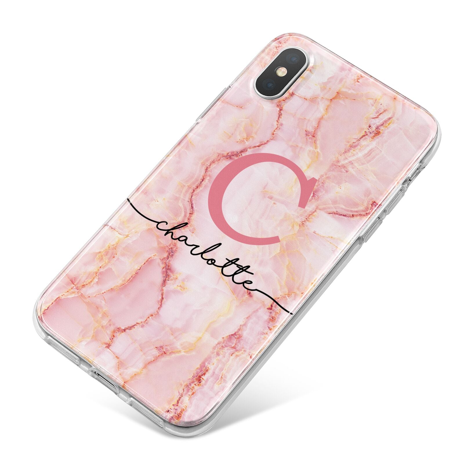 Monogram Pink Gold Agate with Text iPhone X Bumper Case on Silver iPhone