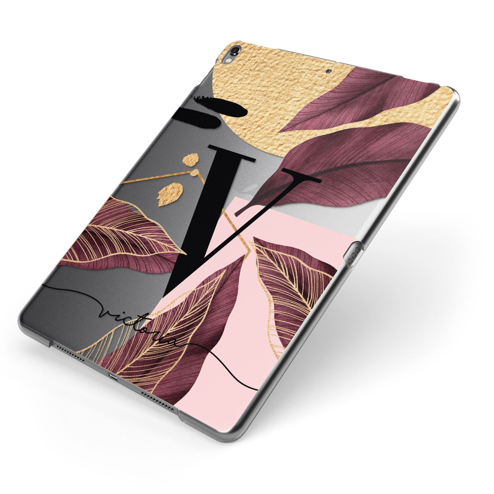 Monogram Tropical Leaves Apple iPad Case on Grey iPad Side View