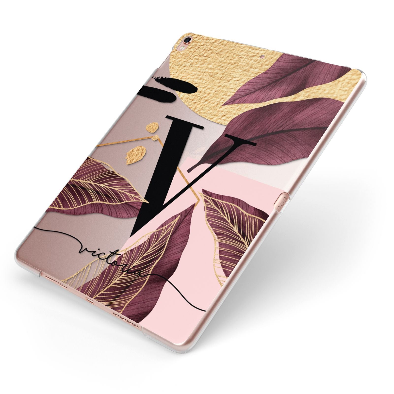 Monogram Tropical Leaves Apple iPad Case on Rose Gold iPad Side View