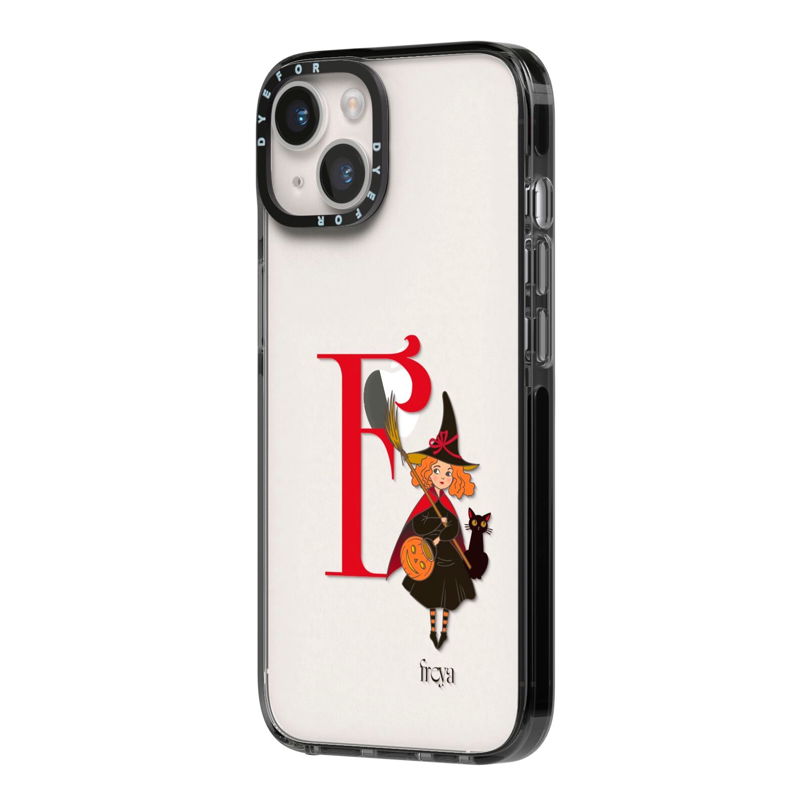 Monogram Witch iPhone 14 Black Impact Case Side Angle on Silver phone