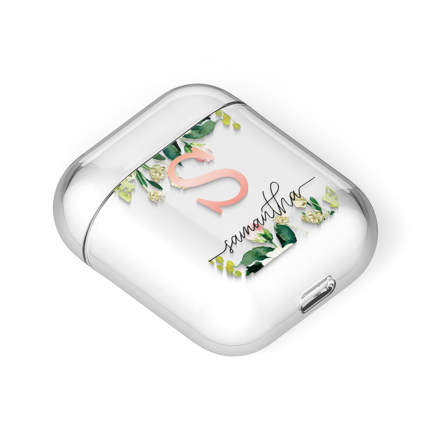 Monogrammed Floral Roses AirPods Case Laid Flat