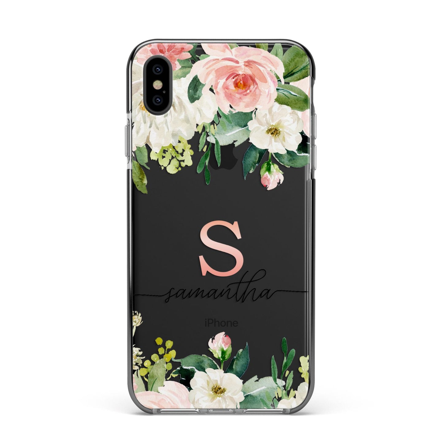 Monogrammed Floral Roses Apple iPhone Xs Max Impact Case Black Edge on Black Phone