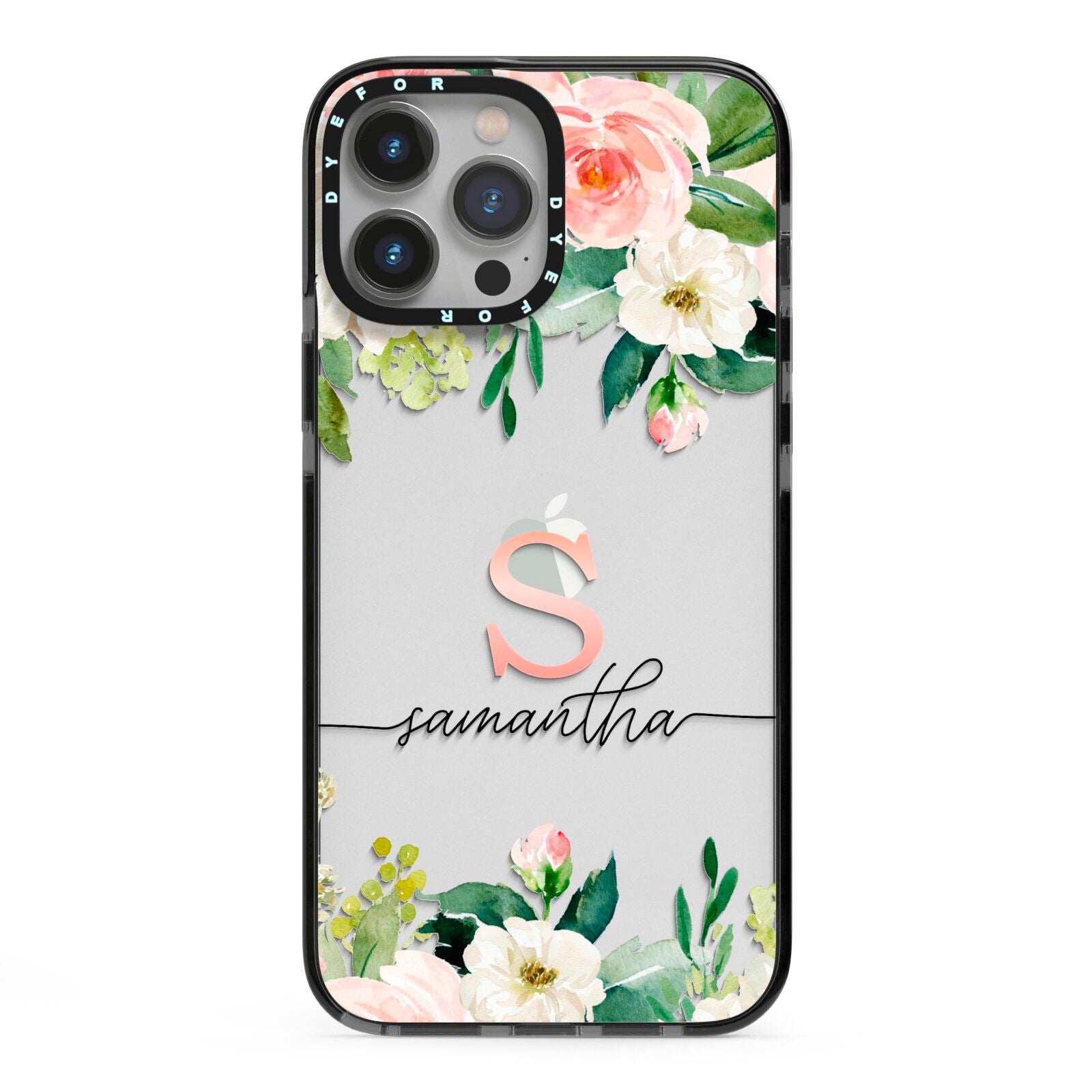 Monogrammed Floral Roses iPhone 13 Pro Max Black Impact Case on Silver phone