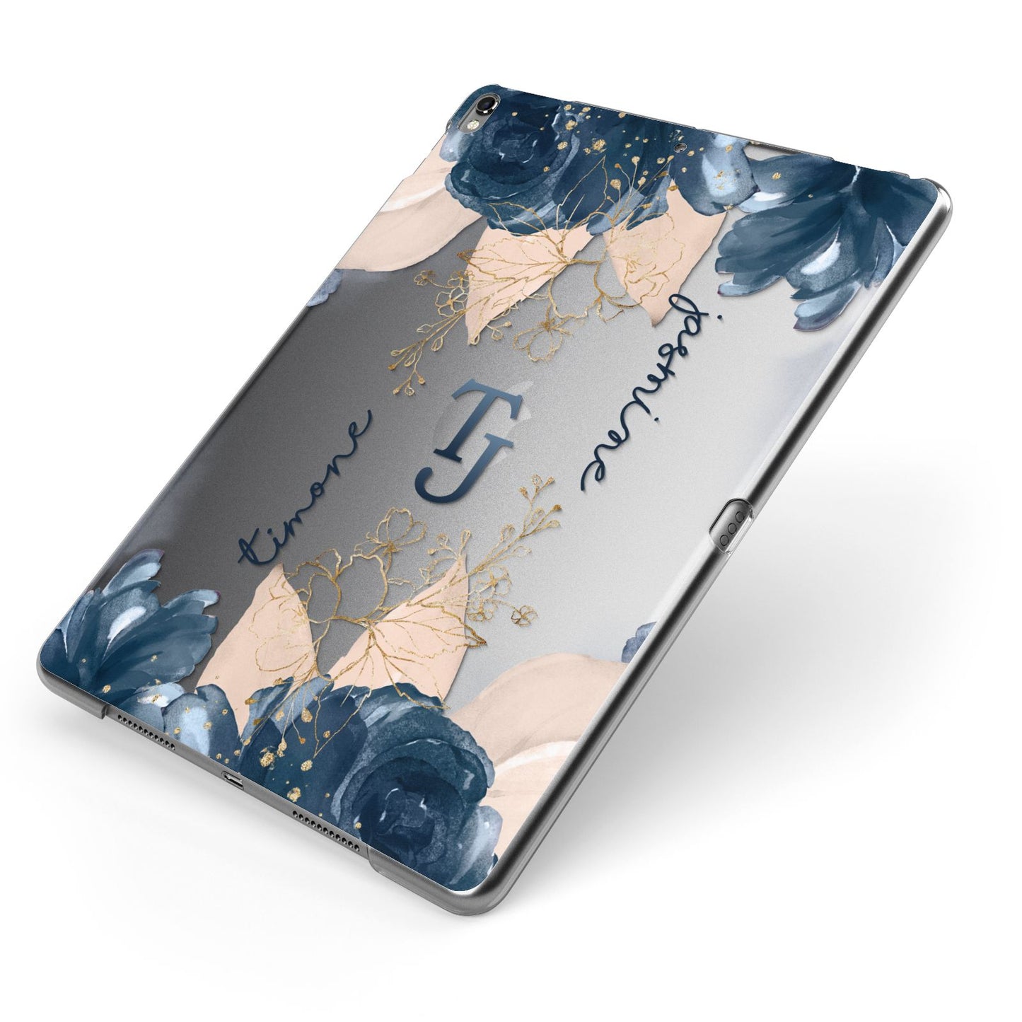 Monogrammed Florals Apple iPad Case on Grey iPad Side View