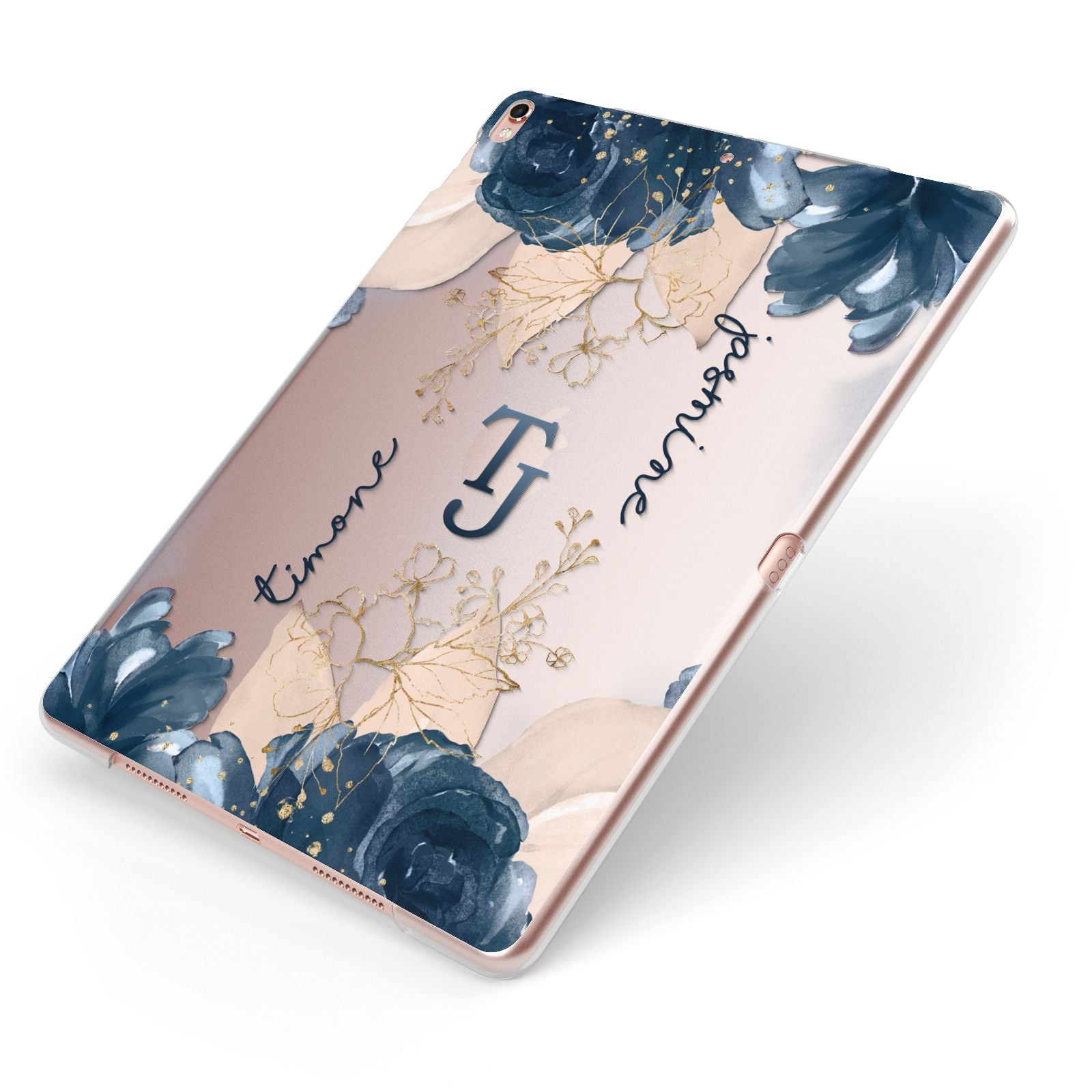 Monogrammed Florals Apple iPad Case on Rose Gold iPad Side View